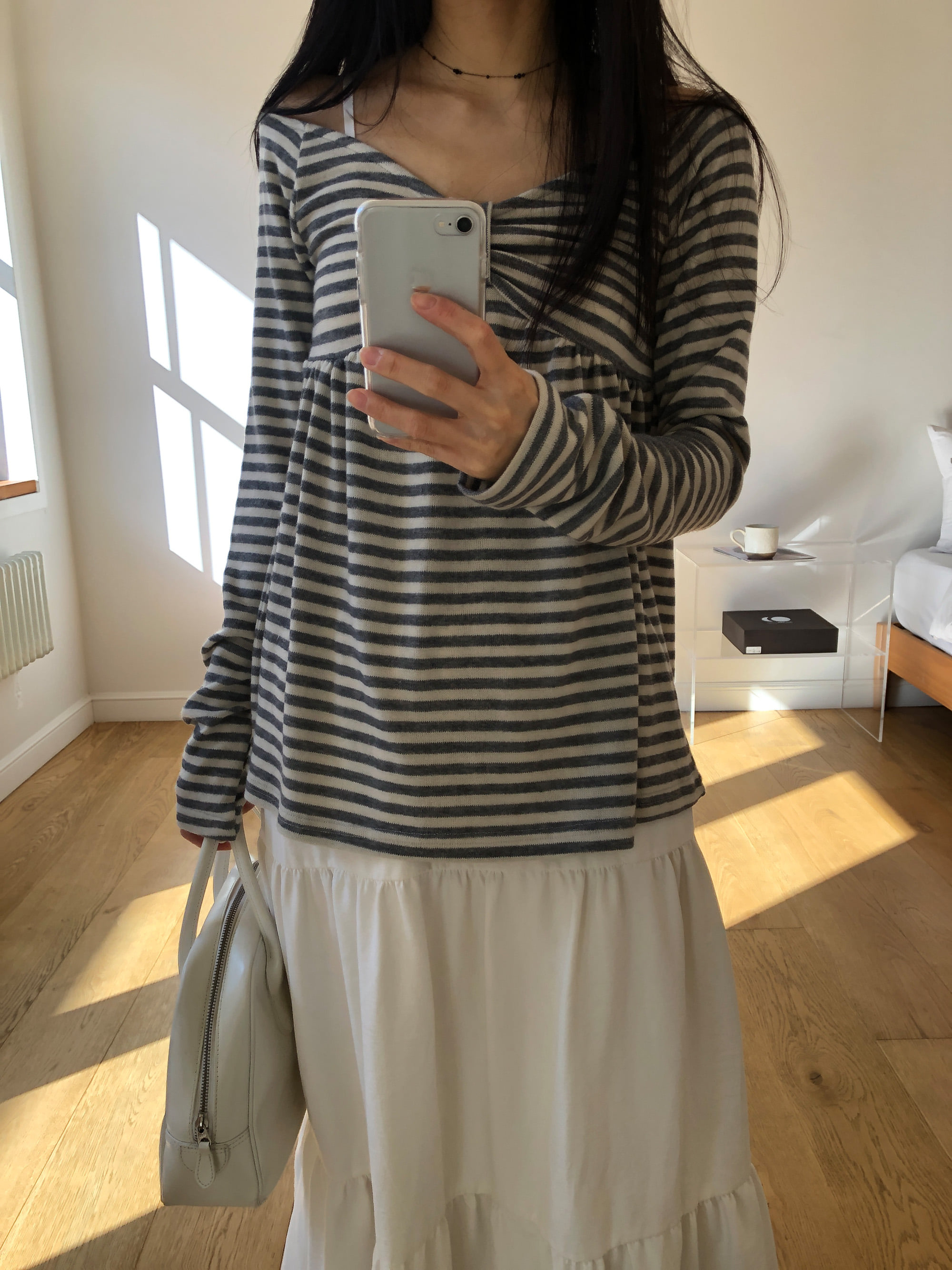 Striped Bow Ruched Long Sleeve
