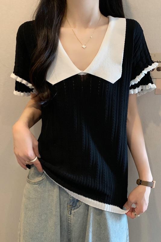 B26(878) 法式撞色娃娃领双层花边袖黑针织上衣 