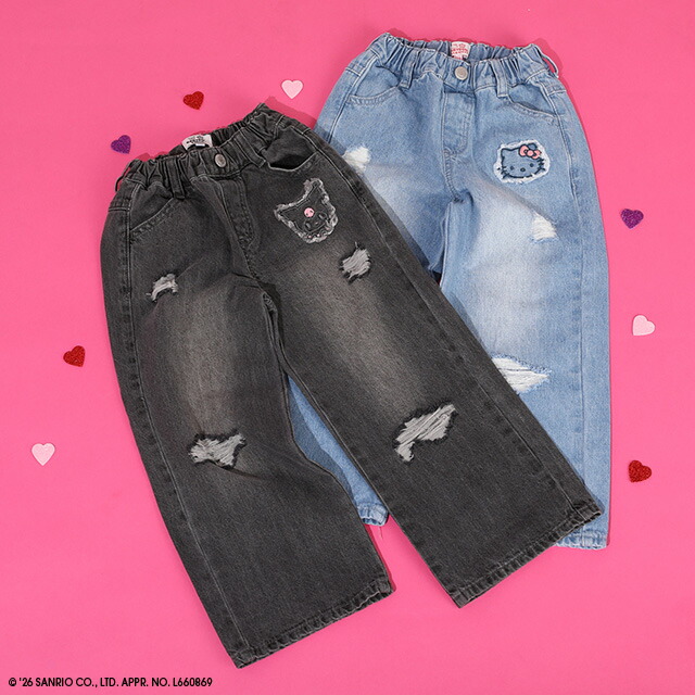 🆕【⭐訂購⭐】🇯🇵日本直送🌀#Sanrio #Kuromi / #Kitty 刺繡貼片 闊腳牛仔褲 #baggyjeans🌀[ELCA-0253][
