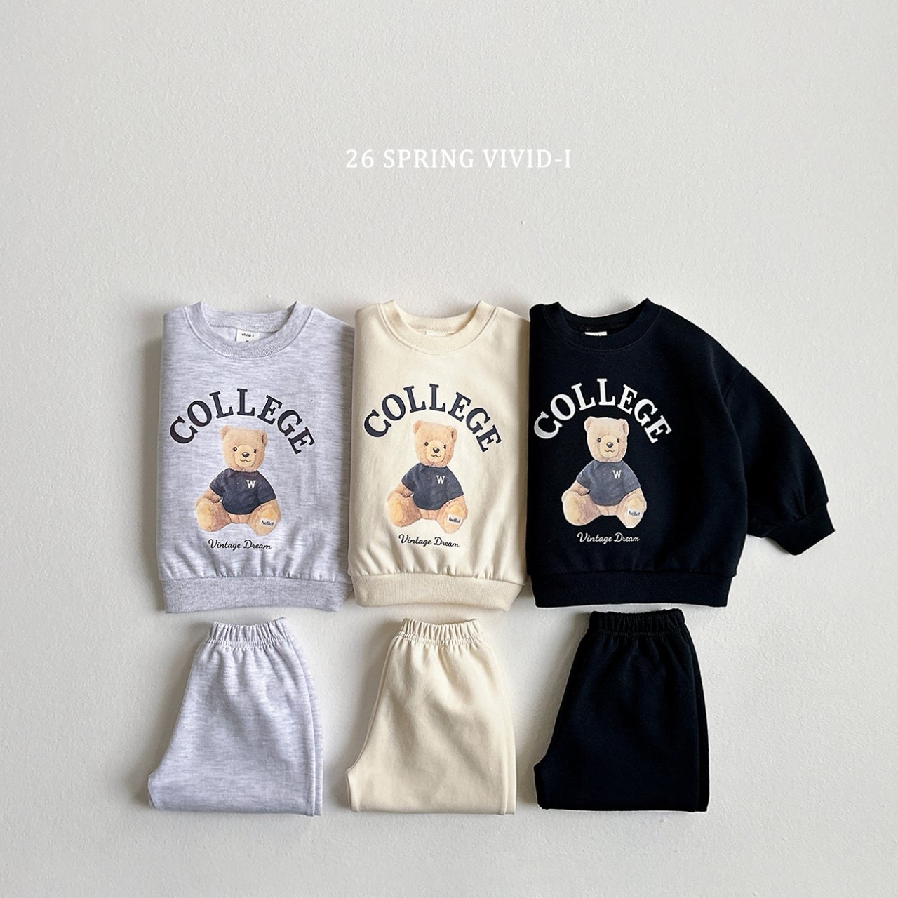 🌸預訂 韓國直送🌸🇰🇷VIVIDI三色學院小熊印花長袖上下套裝