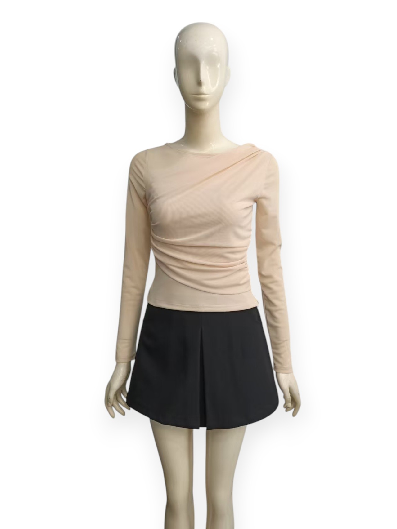 Ruched Mesh Long-Sleeve Top M236