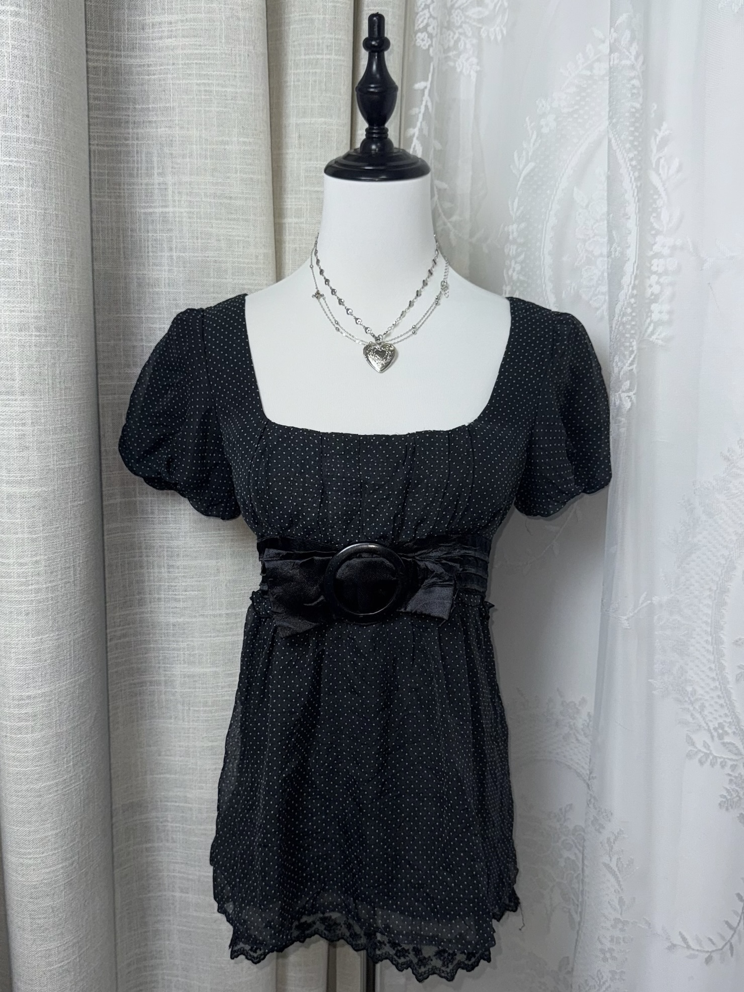 Polka Dot Empire Waist Puff Sleeve Lace Babydoll with Buckle