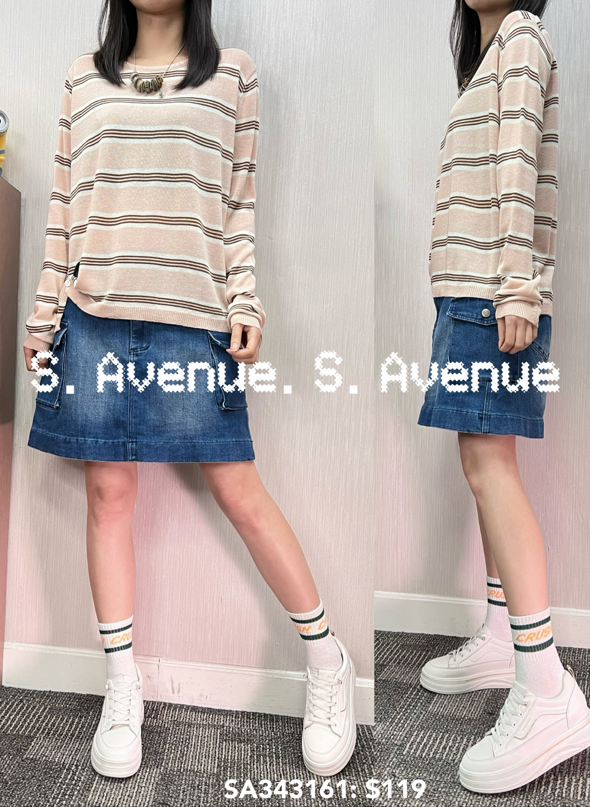 SA343161: 長袖間條下扣撍線top