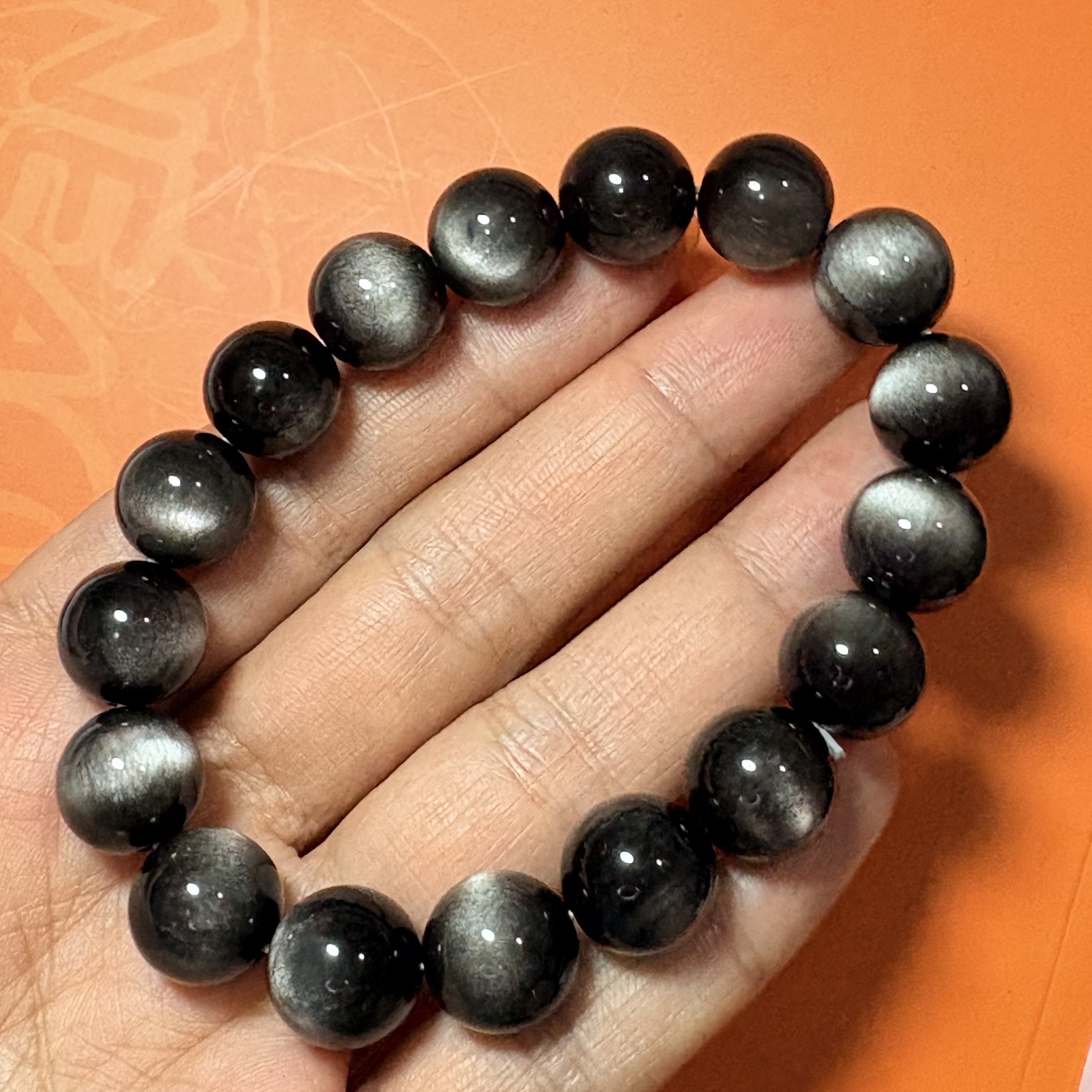 銀黑曜石手串No.4591丨精品貓眼級✨丨12mm珠16.5-17cm手圍