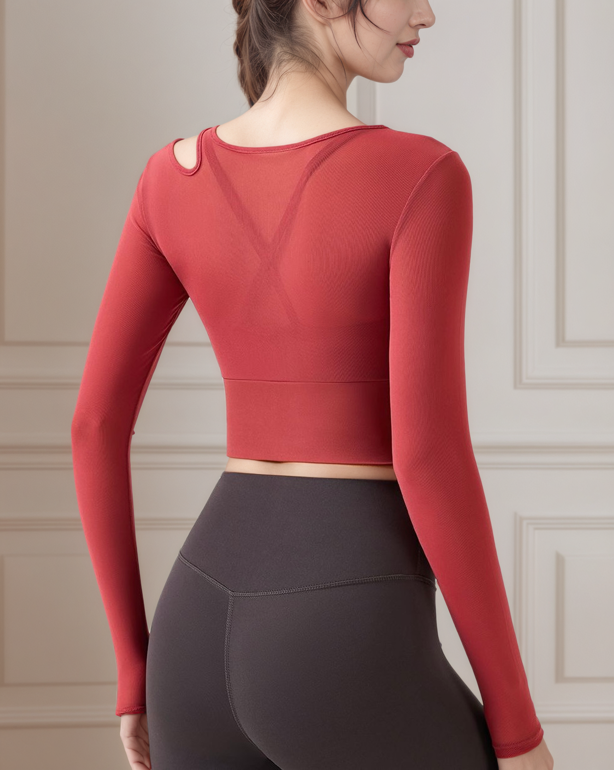 單肩鏤空網紗假兩件瑜珈長袖上衣