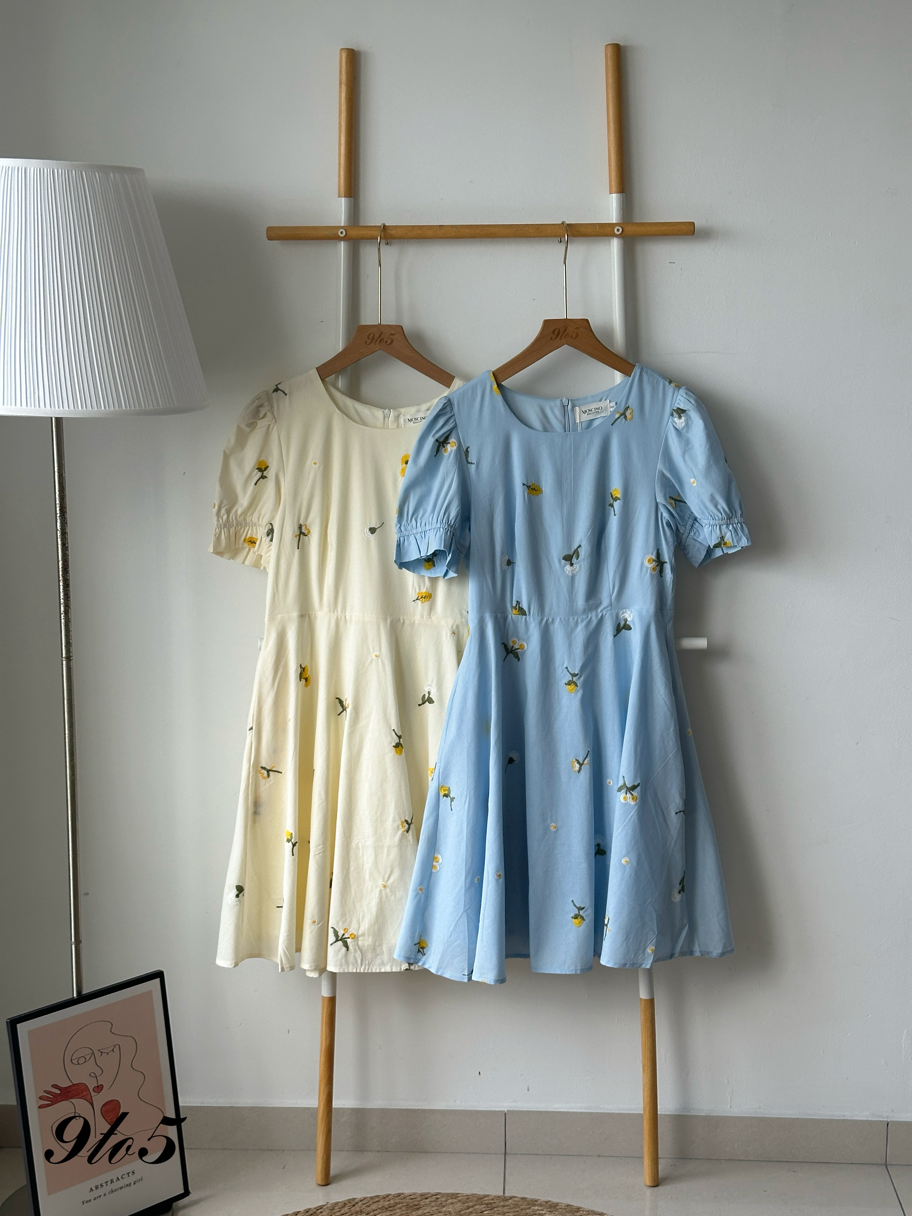 D2357 Puff Sleeve Floral Dress - Blue & Yellow