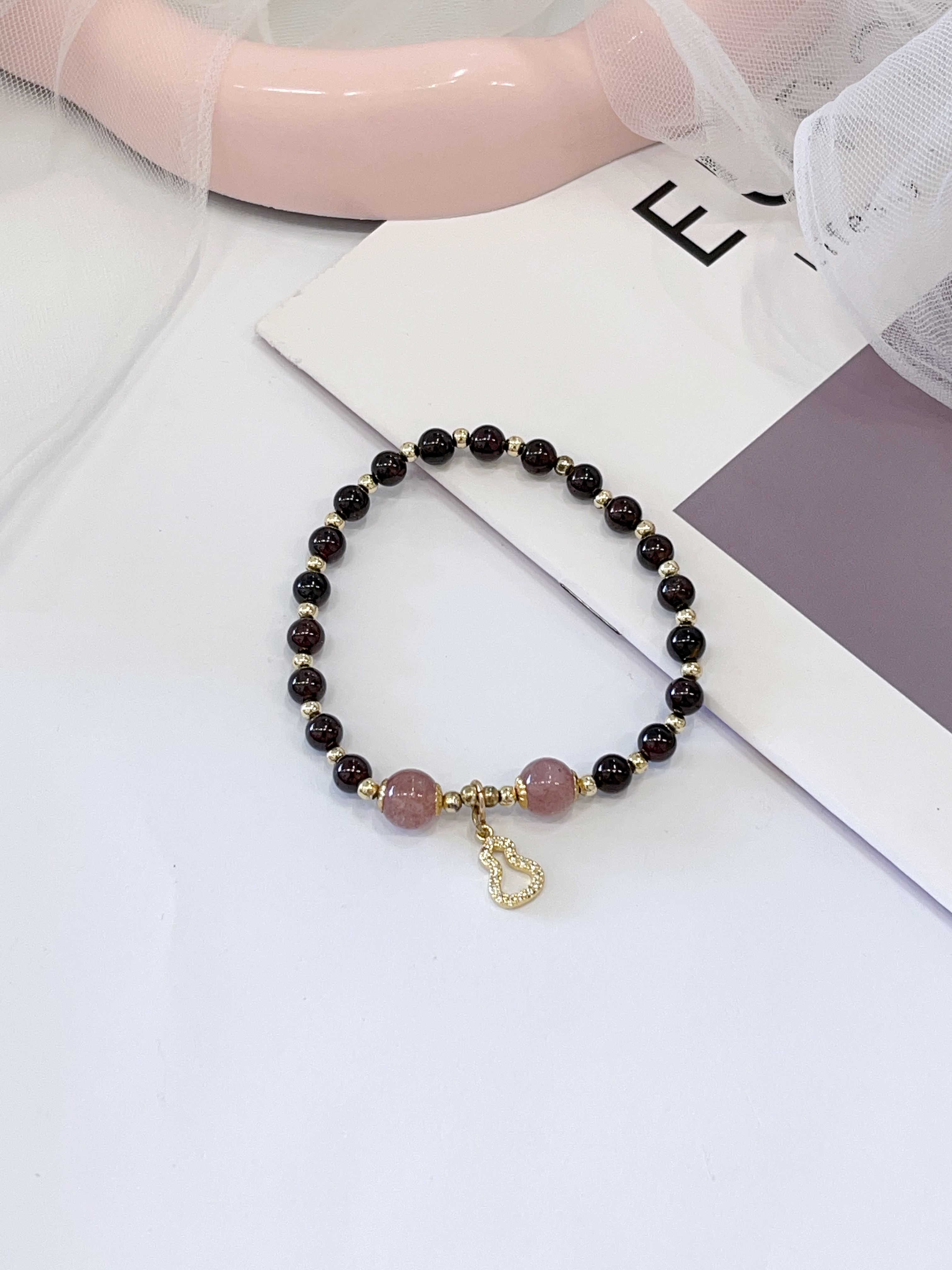 🍓🖤 草莓晶 × 黑曜石 × 葫芦吊坠手串 Strawberry Quartz, Obsidian & Gourd Charm