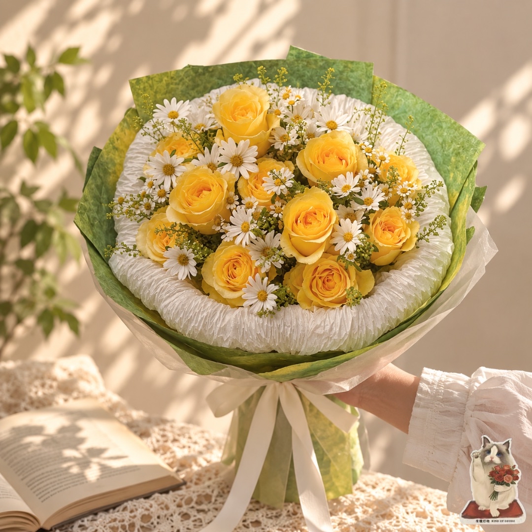 向陽小徑｜黃玫瑰洋甘菊雅致花束