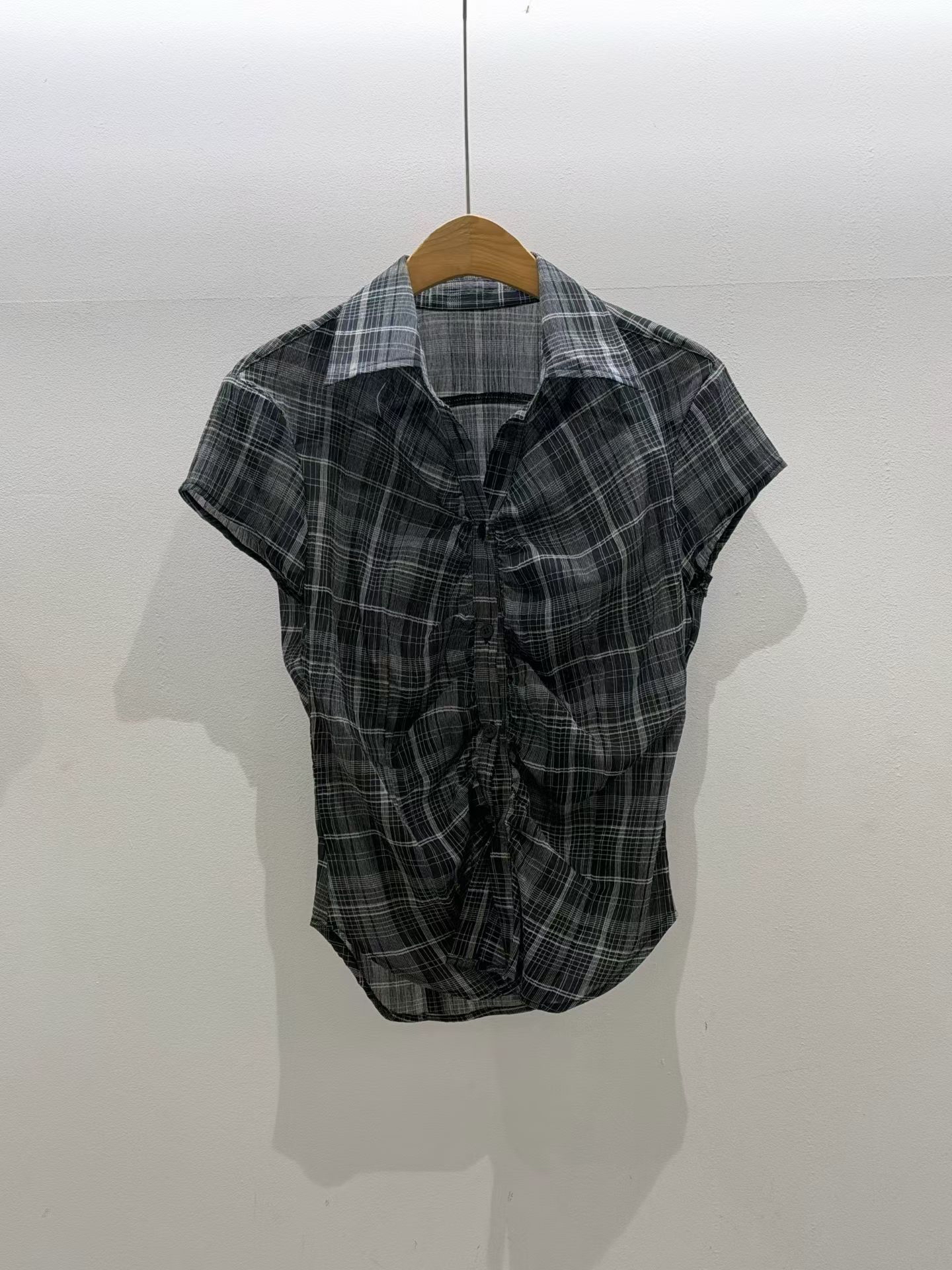 Plaid Shirred Button-Up Blouse