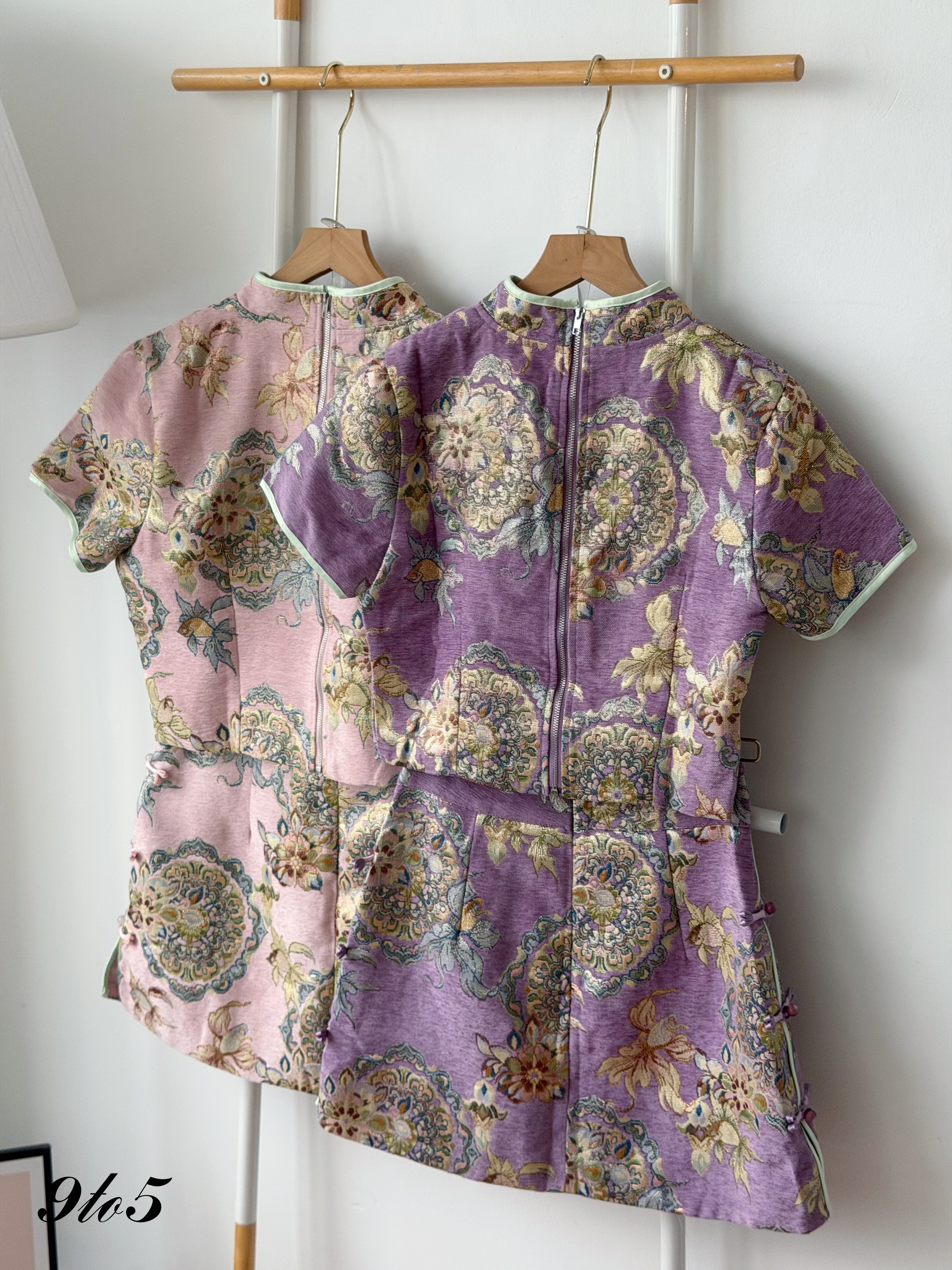 D2380 Floral Jacquard Cheongsam Set - Pink & Purple