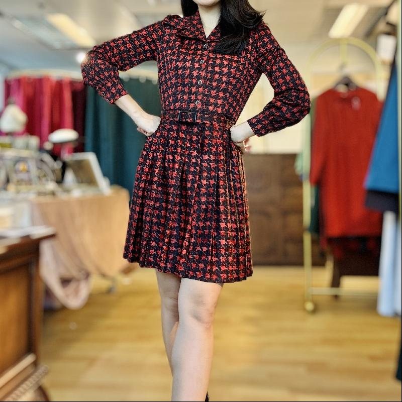 C.a. 1970s Micalady Tokyo Jonathan Logan New York Black & Red Short Pleated Dress with Original Belt(MT2260-2)
