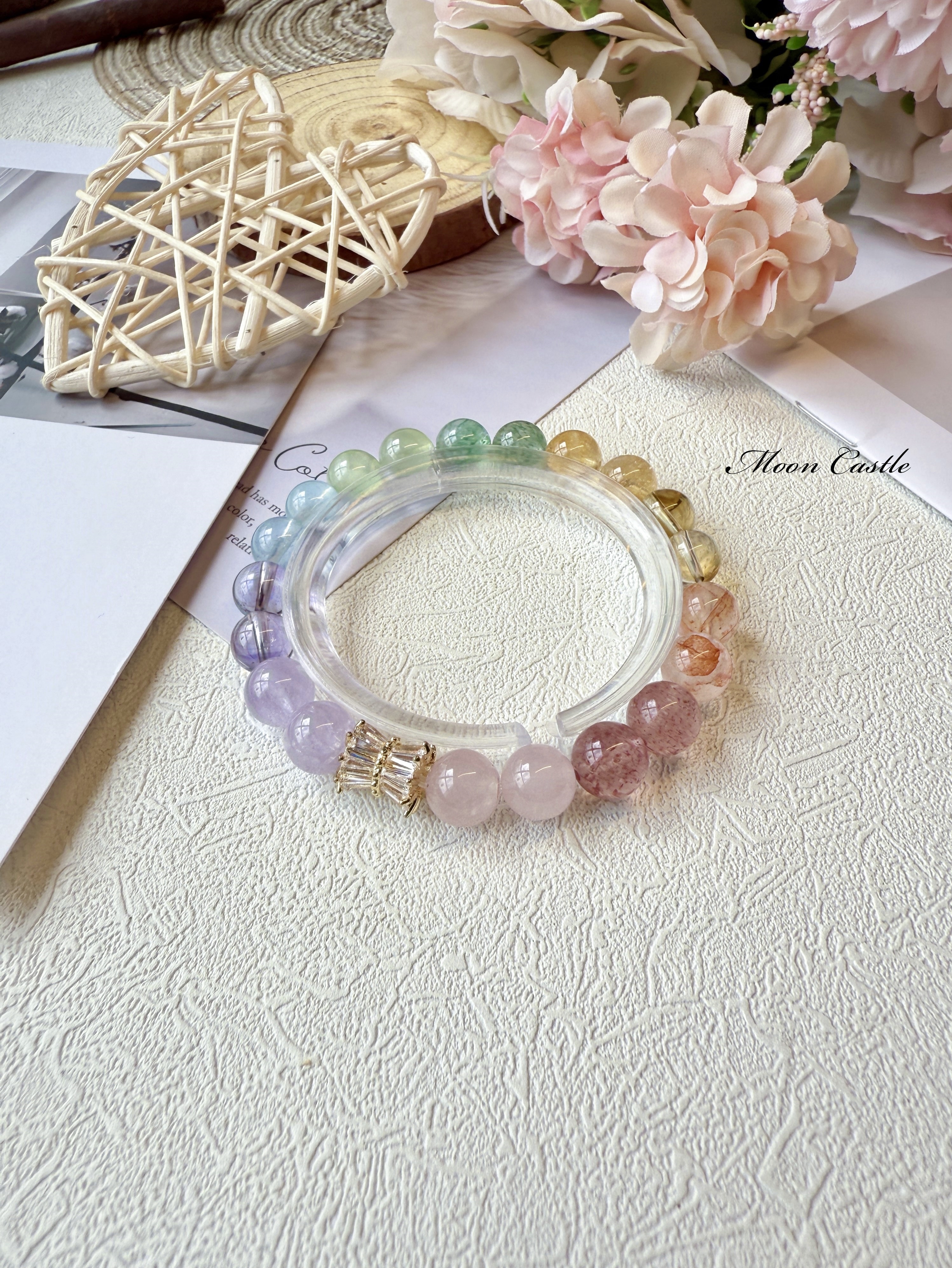 粉晶x草莓晶x紅膠花x黃水晶x綠草莓晶x葡萄石x海藍寶x巴西紫水晶x薰衣草紫晶手鏈