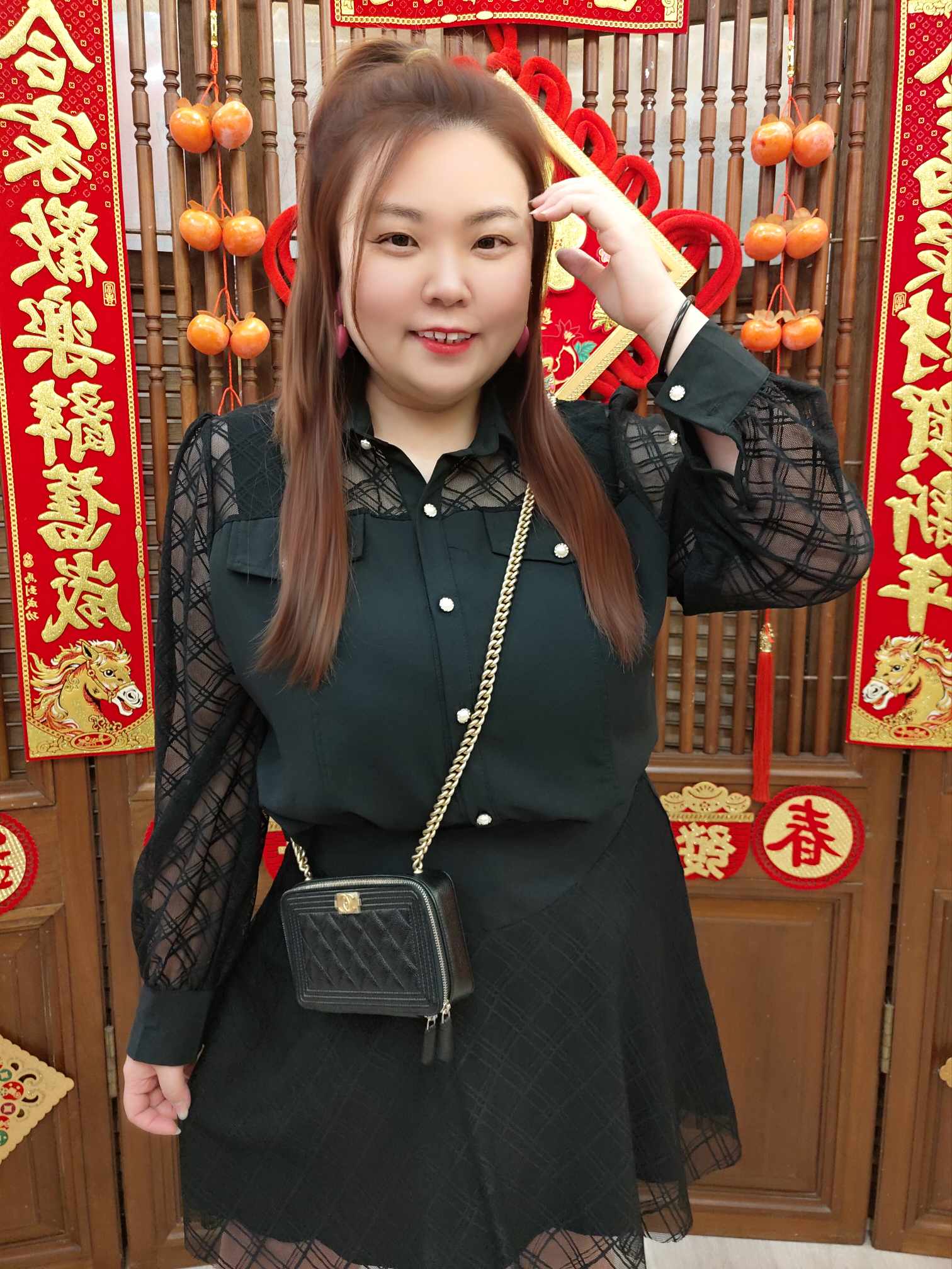 NJB02 TW#3531 排扣拼网纱长袖上衣裤裙套装