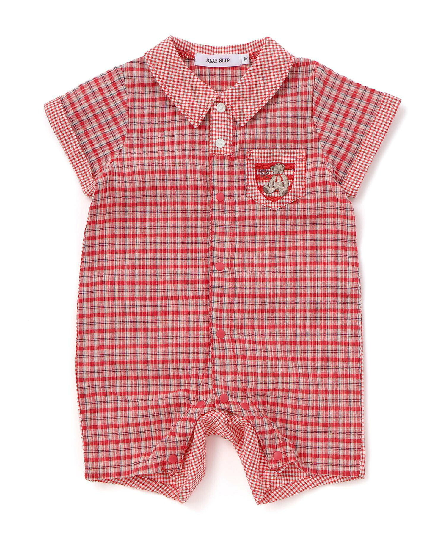 🇯🇵預訂 日本直送🇯🇵Slap Slip Baby兩色小熊刺繡口袋格紋翻領短袖連身服
