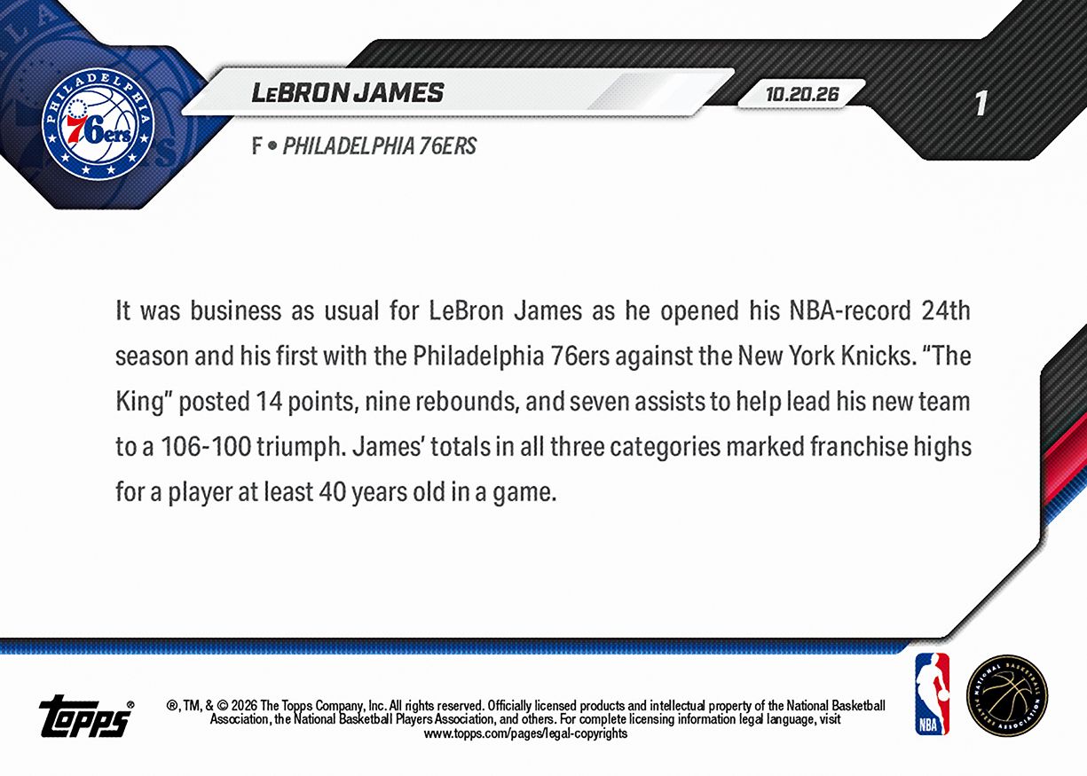 LeBron James - 2026-27 NBA Topps NOW® #1 76ers Debut 紀念卡【團購】