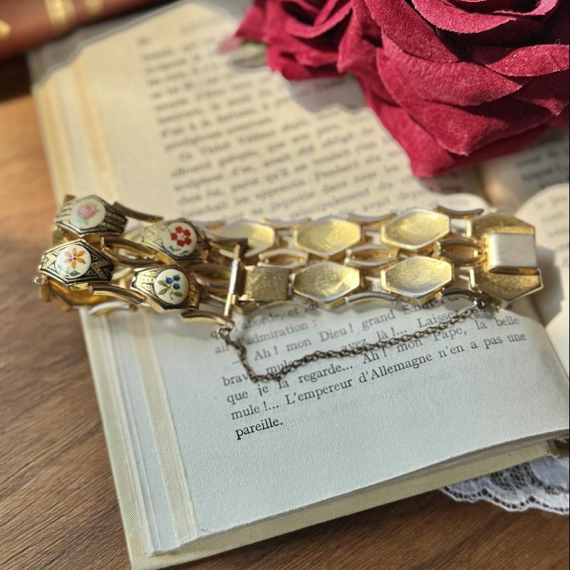 Rare! Vintage Floral Embellished Damascene Toledo Double Row Bracelet(MT2368)