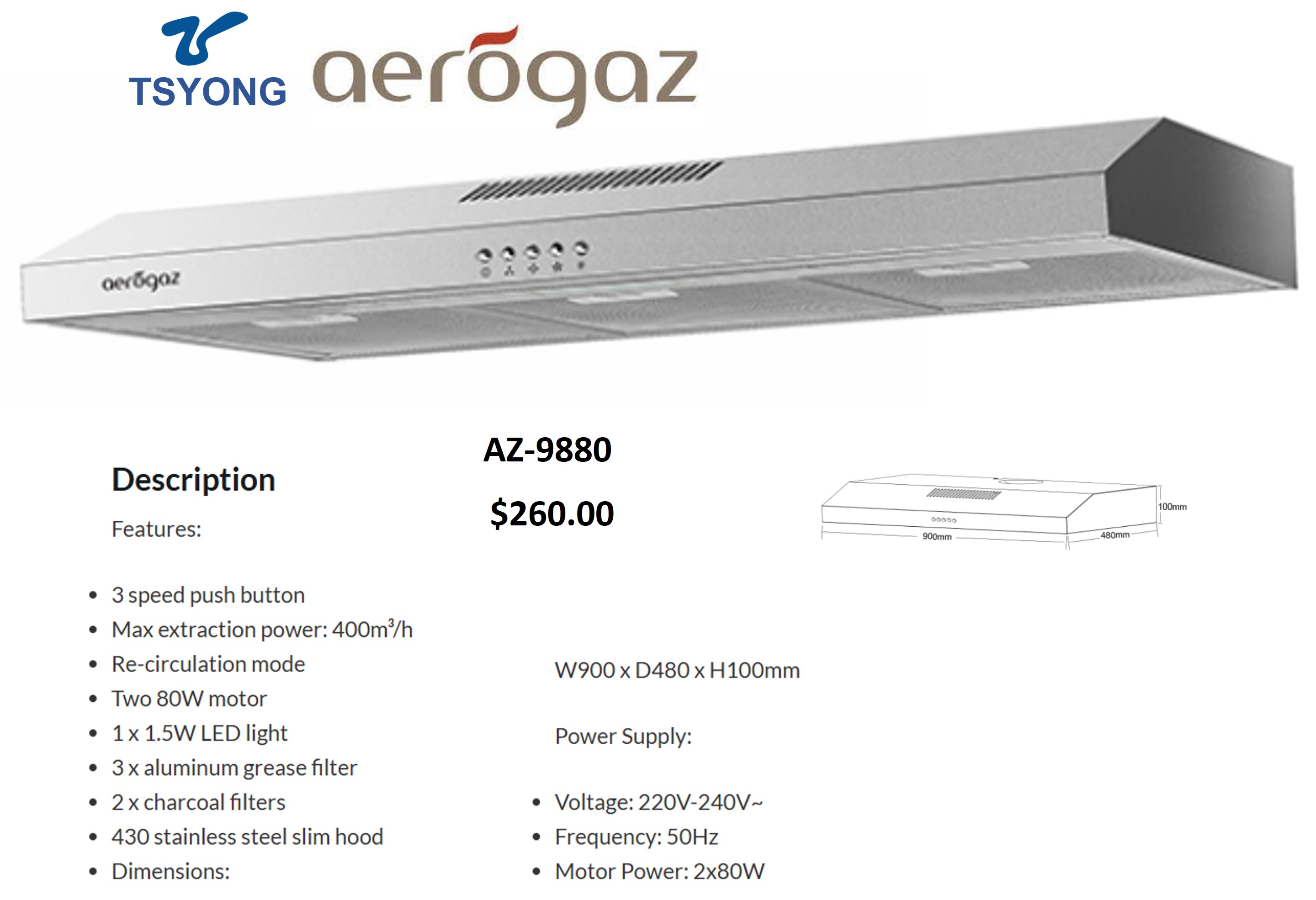 AEROGAZ 90cm Slim Hood AZ-9880
