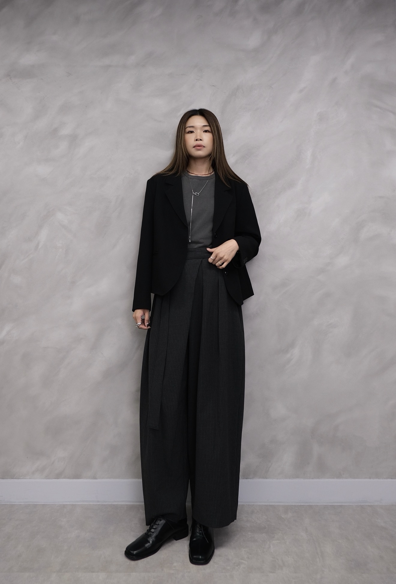 Pinstripe Volume Cross-Waist Trousers #pt82