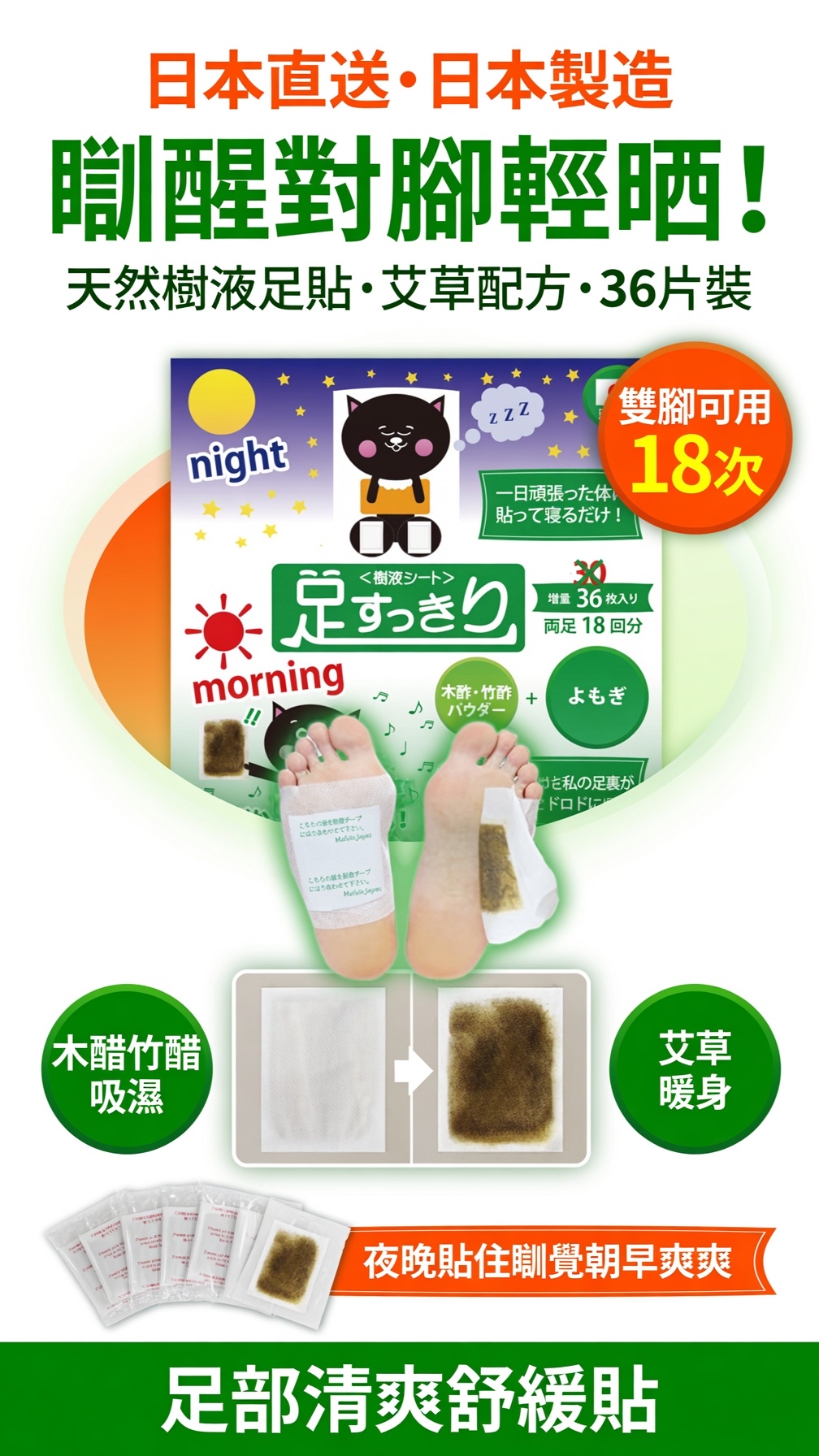 日本直送日本製造  日本直送 日本足貼 天然樹液貼（艾蒿 /艾草 配方）36片裝