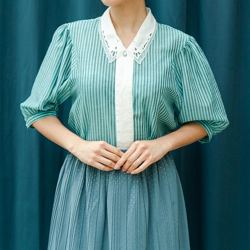 Vintage Embroidered Collar Turquoise Striped Blouse Shirt(MT1606-20)