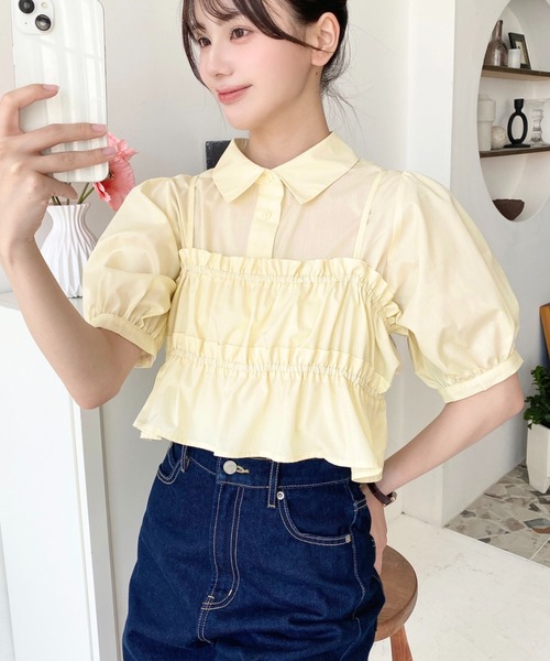 荷葉邊抹胸短袖襯衫上衣【JT036】