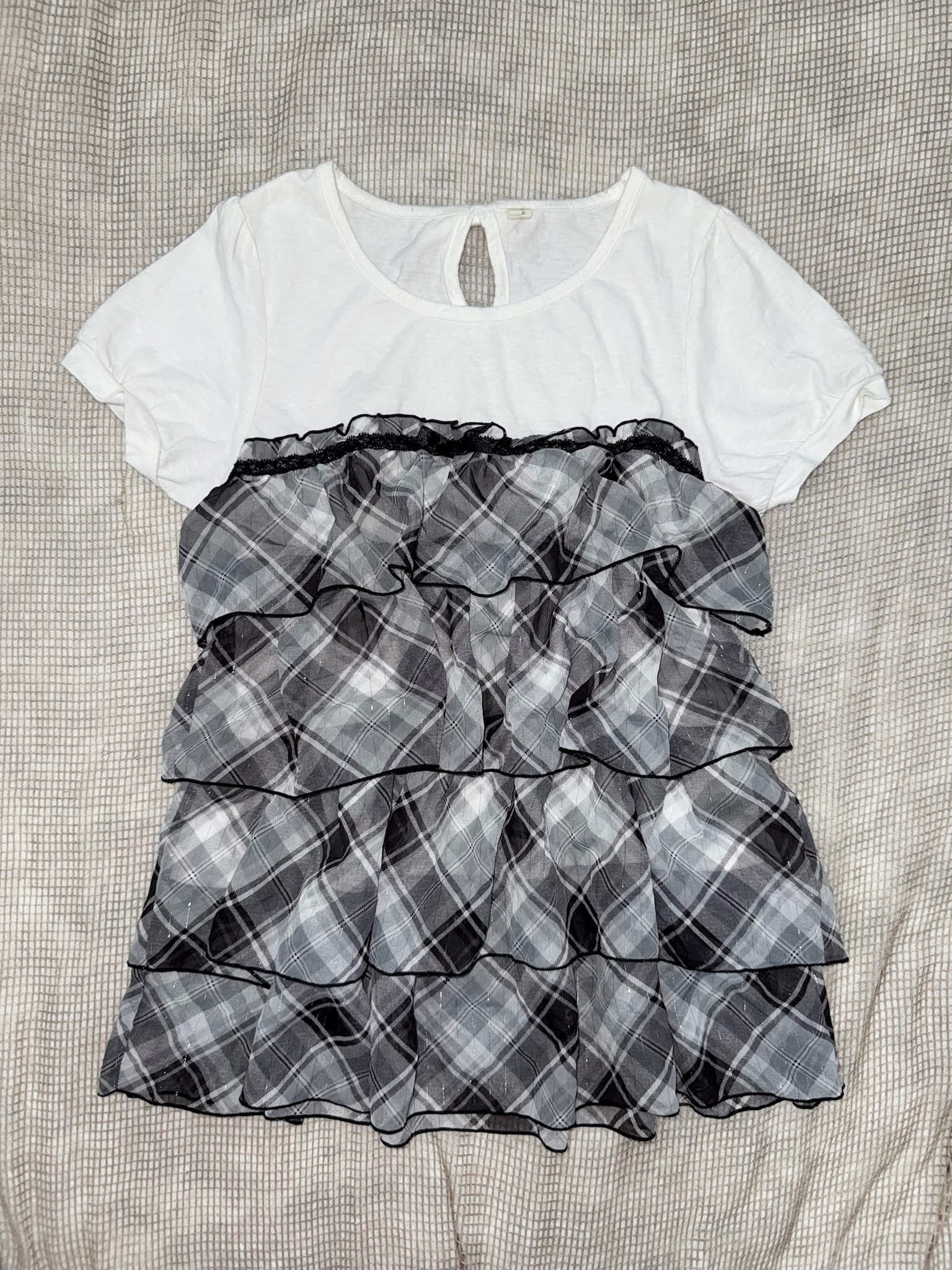Grey Plaid Tiered Ruffles Keyhole Back Gingham Tiered Top