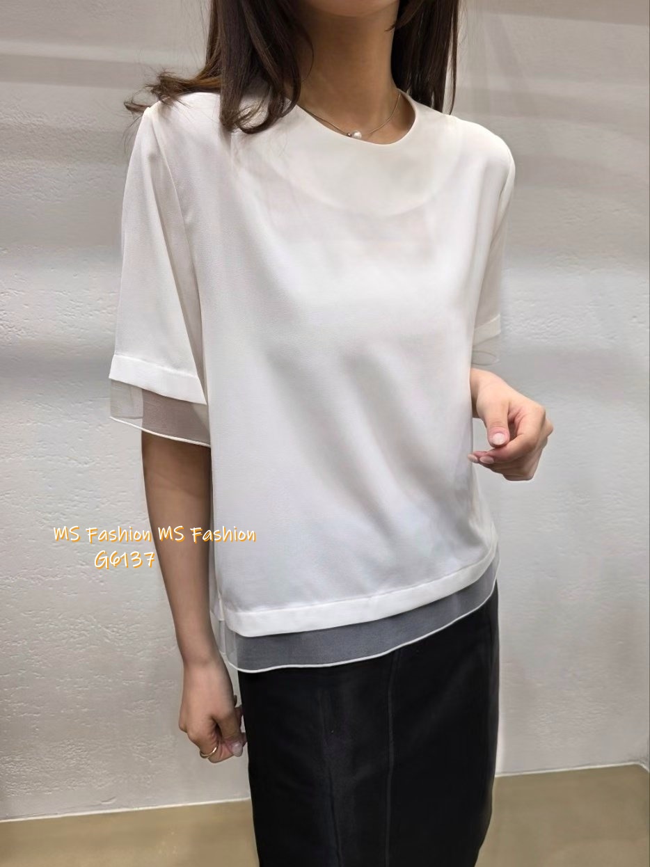 G6137 韓國🇰🇷靚料拼紗邊淨色top