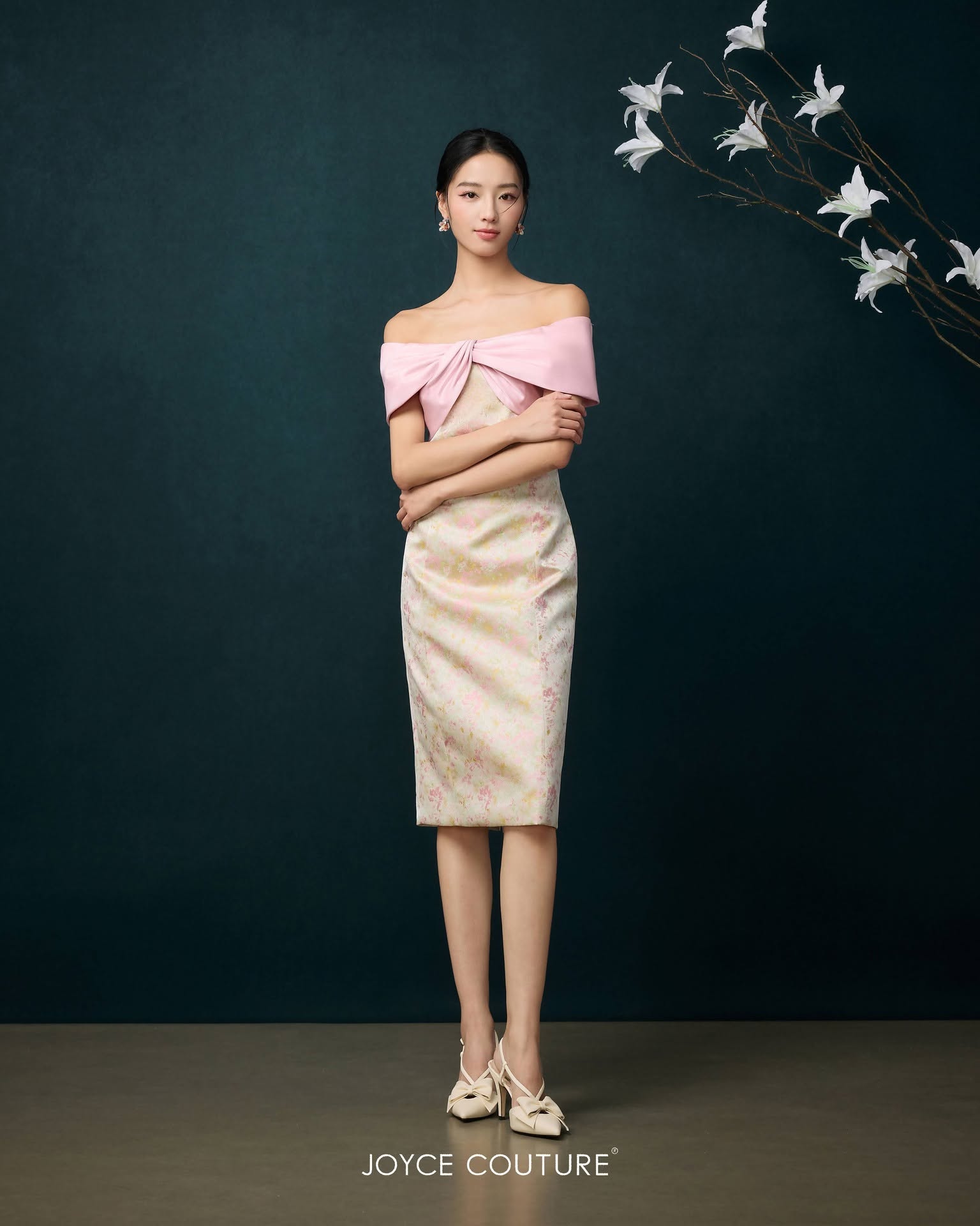 花卉锦缎中长连身裙 D0369