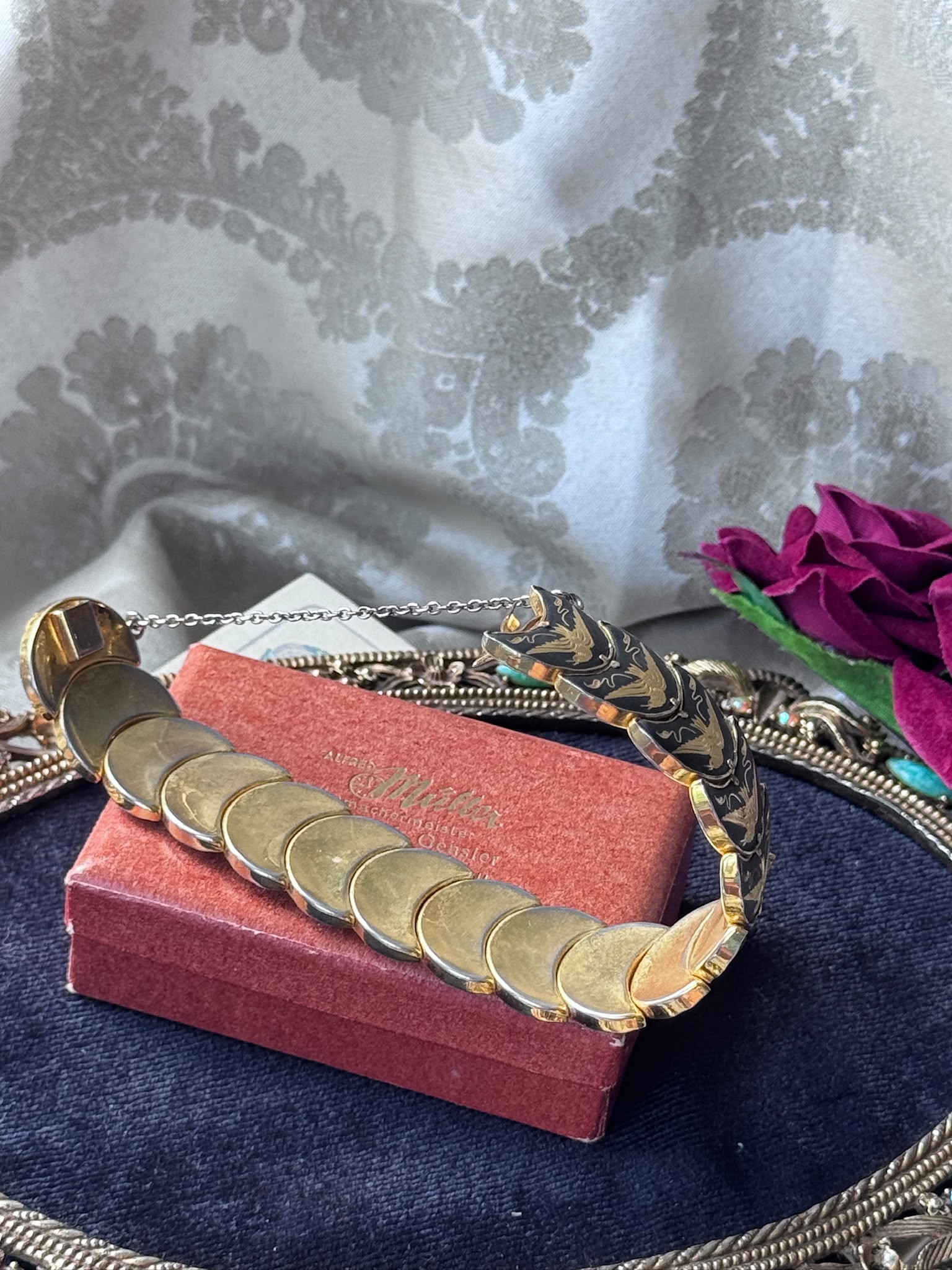 Mid-Century Black & Gold Damascene Crescent Shape Bird Bracelet  - 7.5" (MT2617)