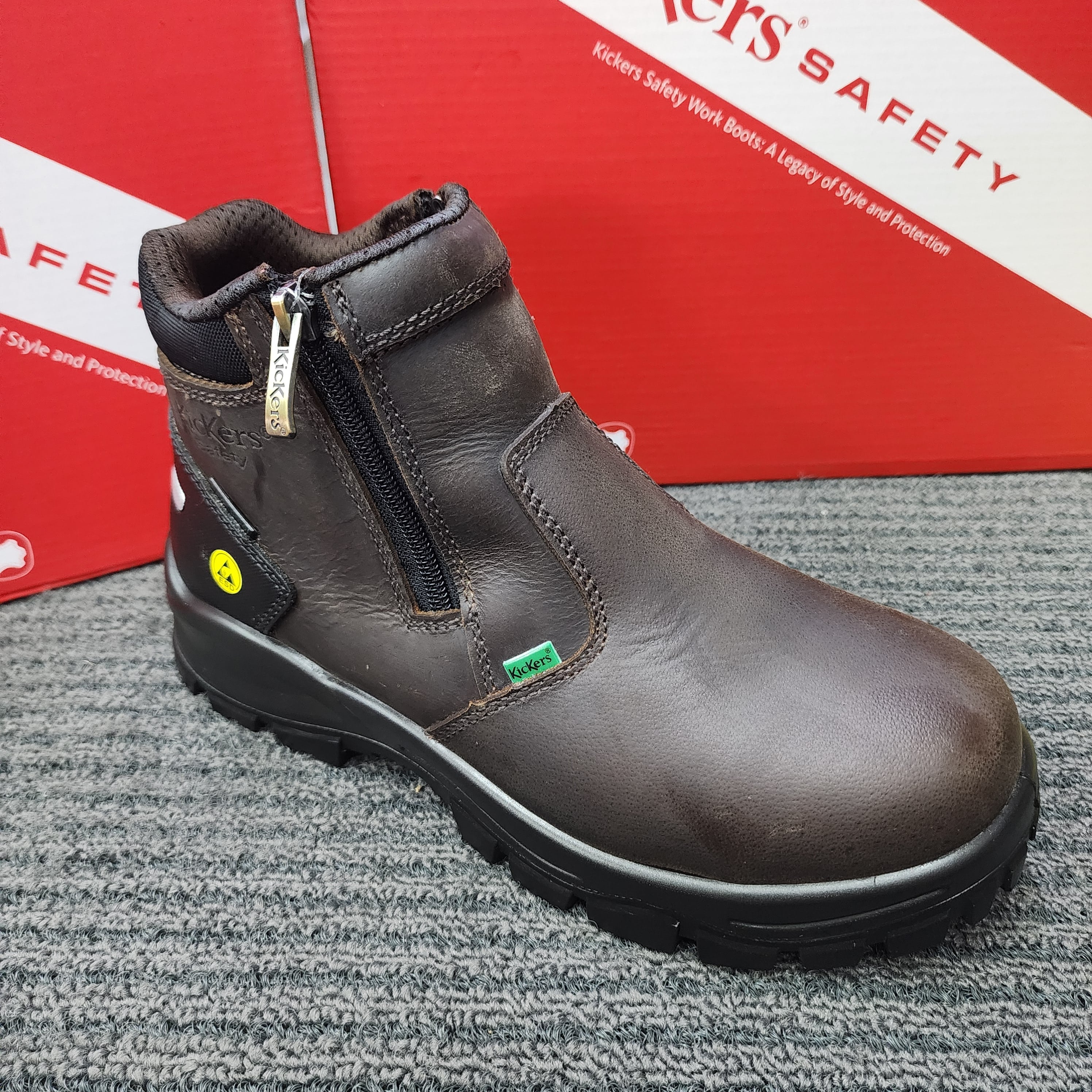 KicKers Safety Shoes 3068 Double Zip Full leather ESD Waterproof Brown Black Kasut Keselamatan