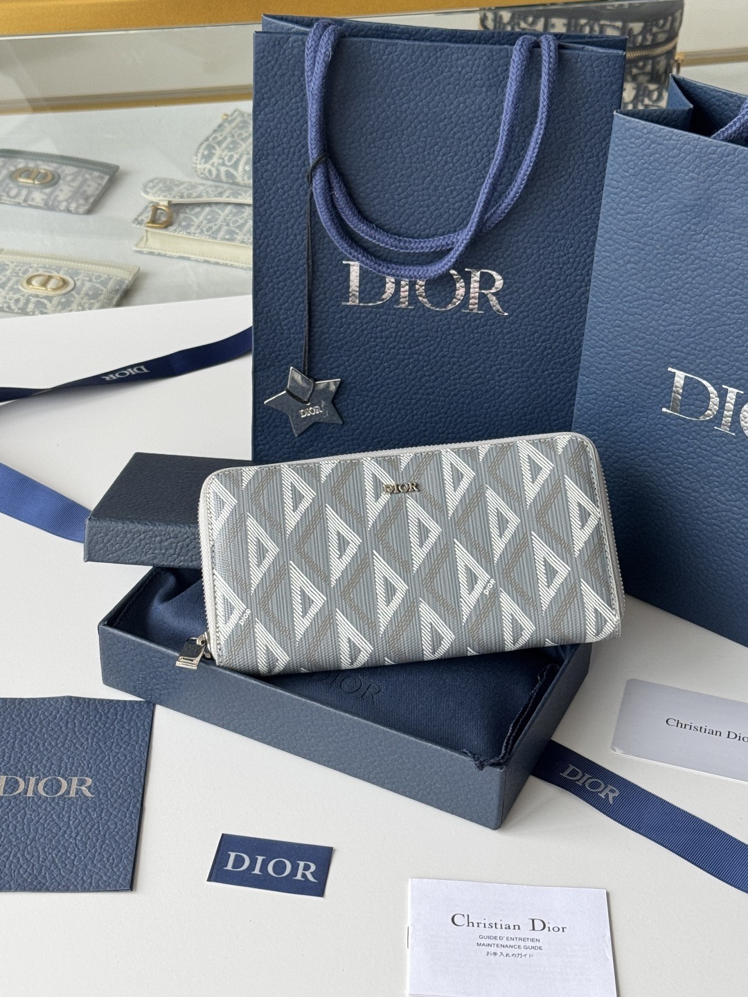 【原單】Dior CD 鑽石帆布拉鍊長夾銀包