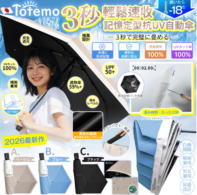 【預訂】日本 TOTEMO 3秒速收記憶定型自動傘