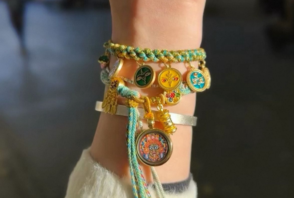 西藏純手繪扎基拉姆唐卡五路財神手工編織本命年招財轉運手繩套裝