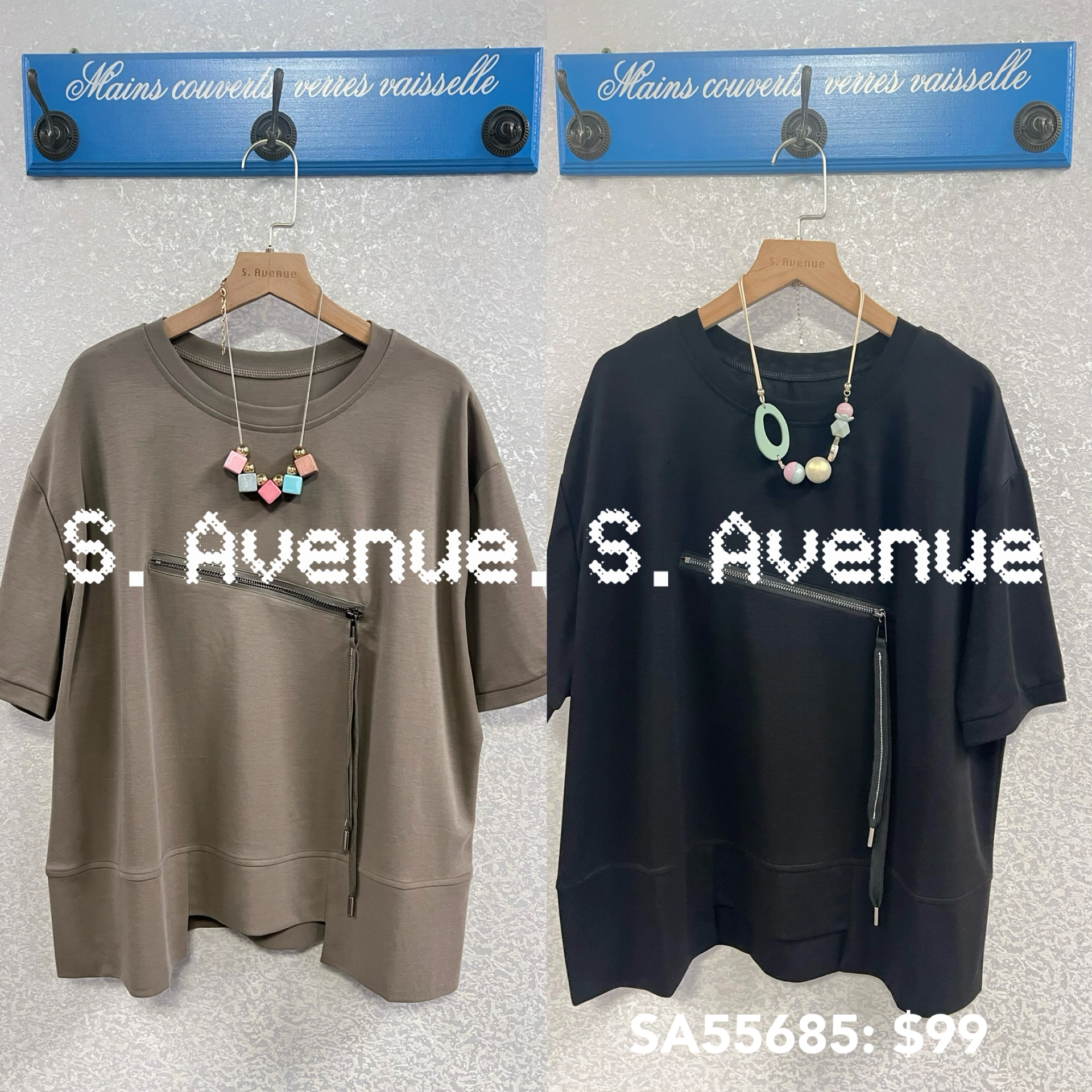 SA55685: 短袖前拉錬不規則腳tee