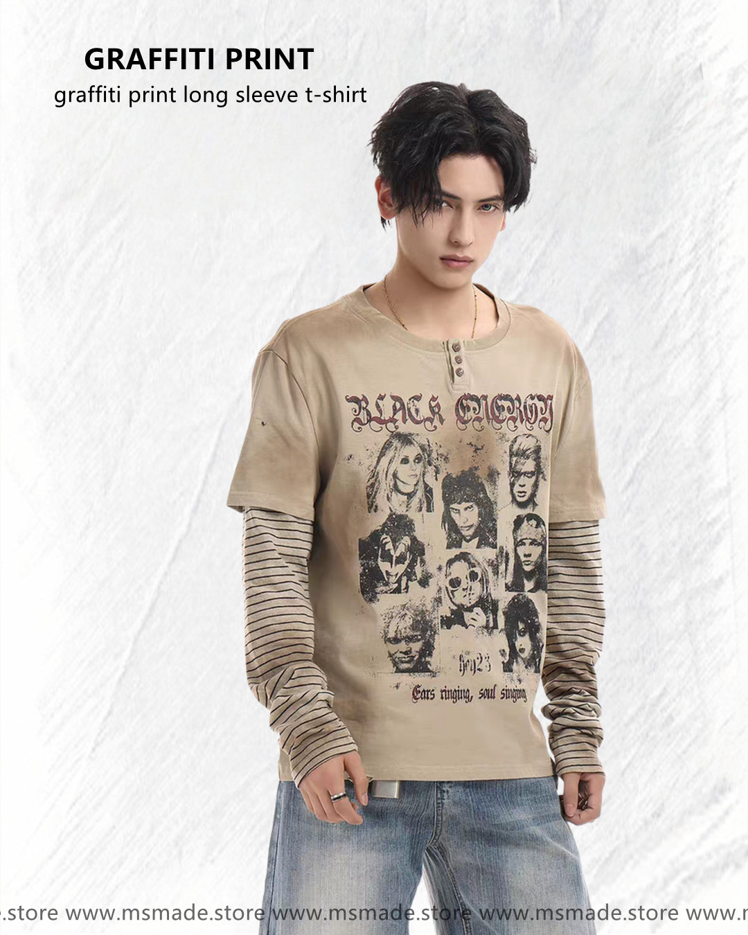 M45街頭人像印花假兩件長袖tee