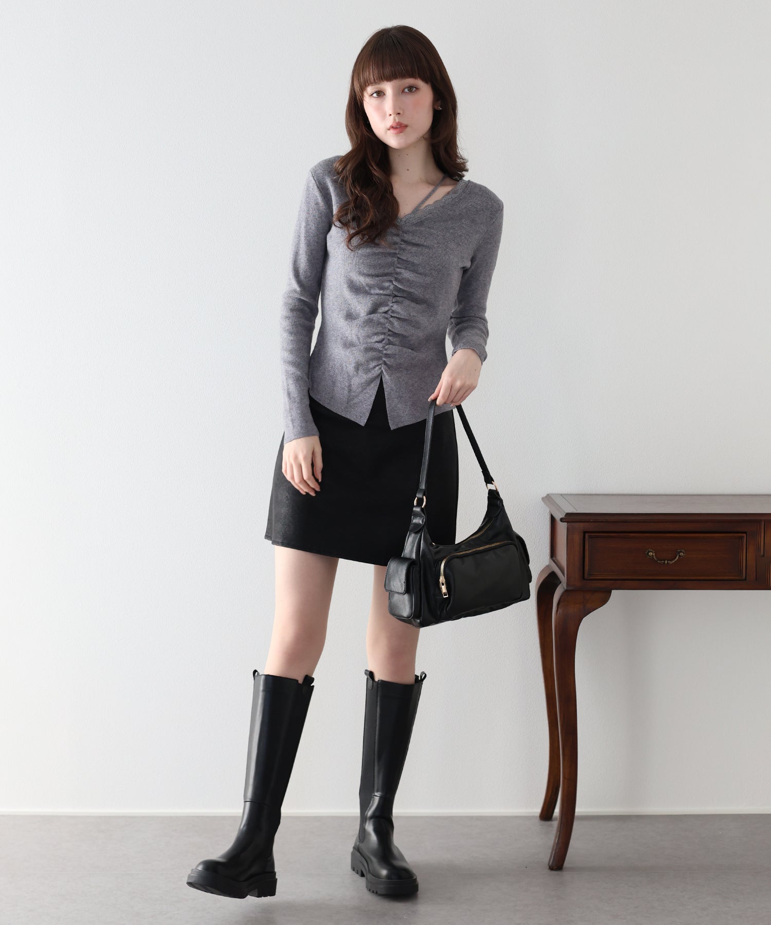 <JP> 蕾絲 v 領雙肩帶褶皺 Knit * 3色入 <預購>