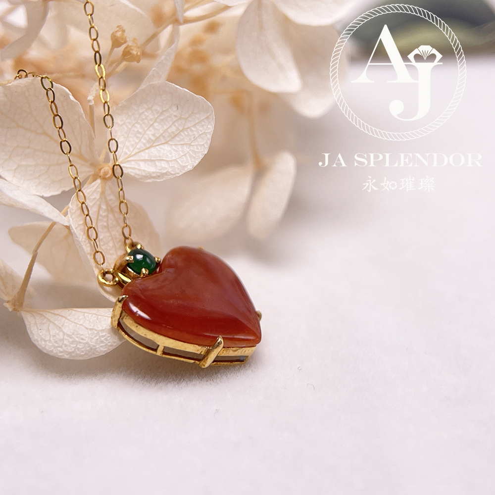 JNk-12 天然翡翠A玉 冰潤紅翡翠心心相印18K金吊墜連項鏈