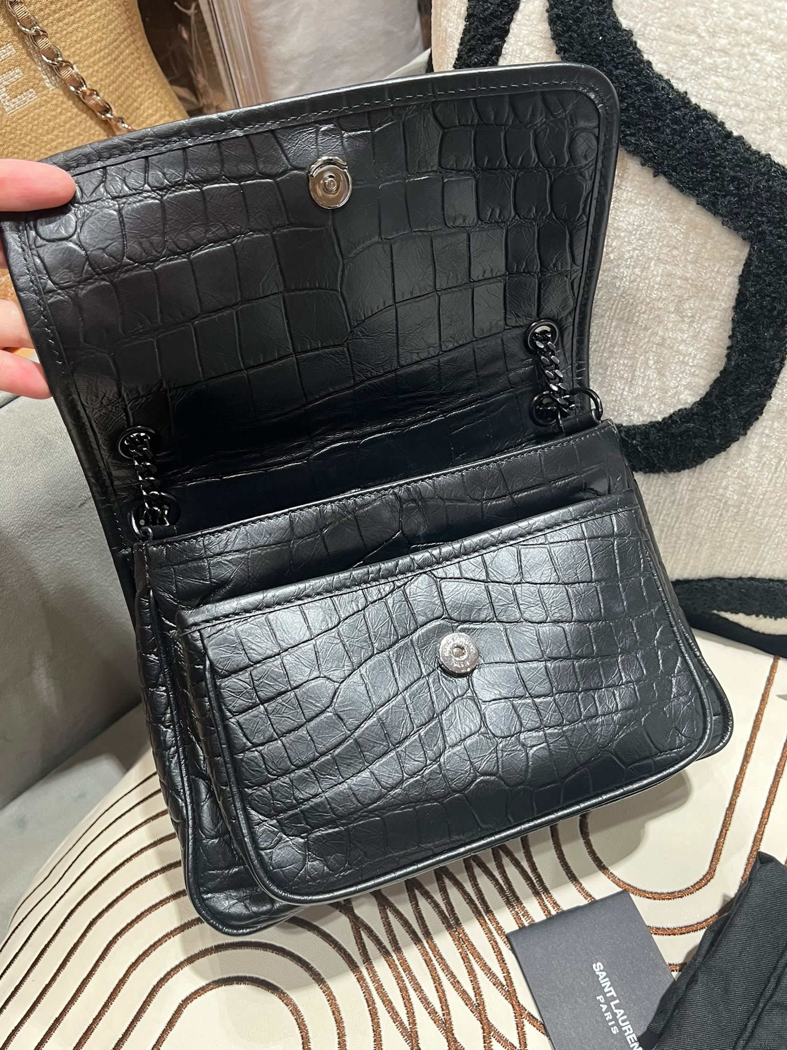 YSL Niki baby黑色鱷魚壓紋 Shoulder bag 100%Authentic, 98%New ✅Dust bag