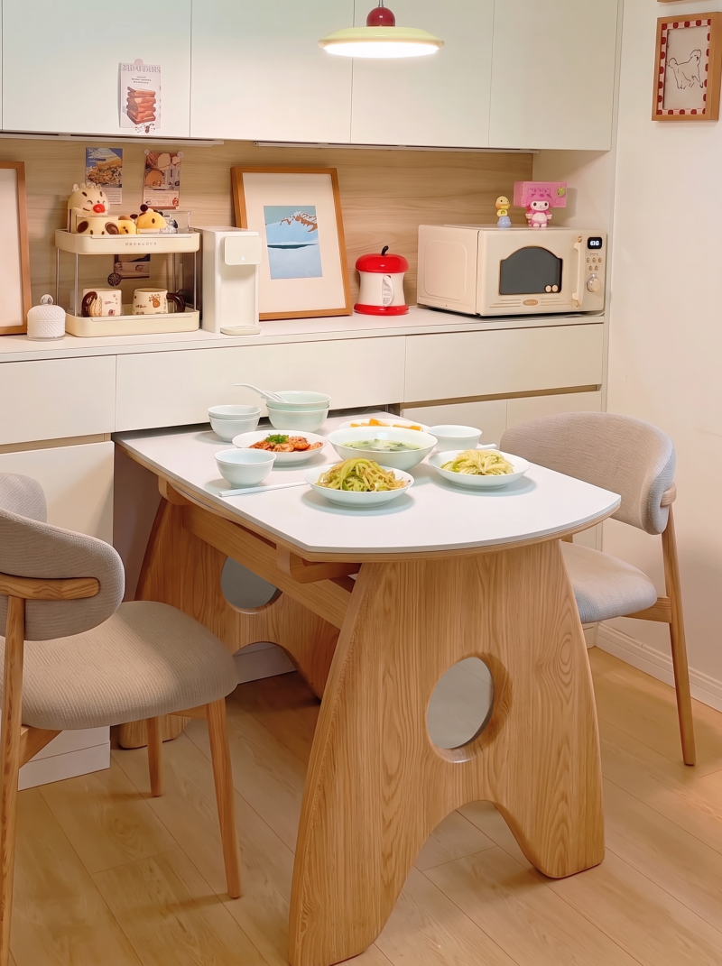 原木奶油風可伸縮摺疊岩板餐檯 家用細單位 方圓兩用飯檯 dining table
