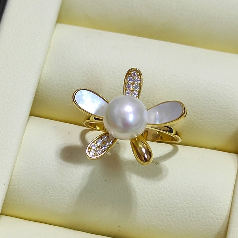 特價品‼️正圓極強光日本akoya 海水珍珠精工s925銀微鑲母貝鋯石開口戒指