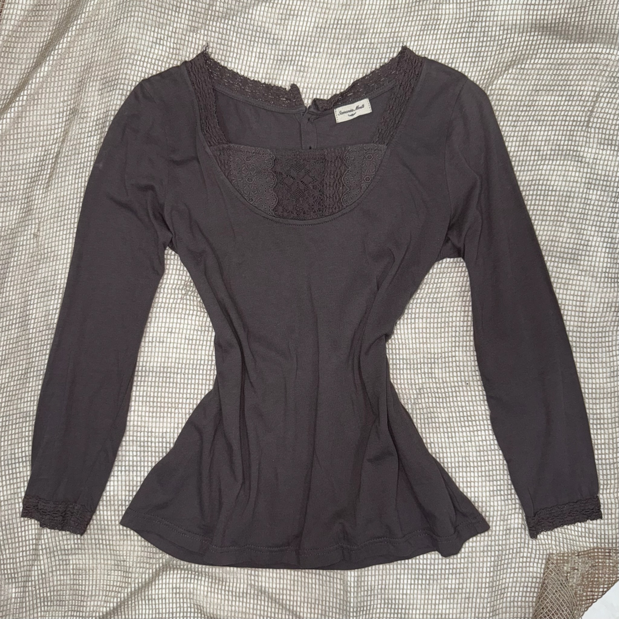 Square Neck Lace Trim Long Sleeve Top