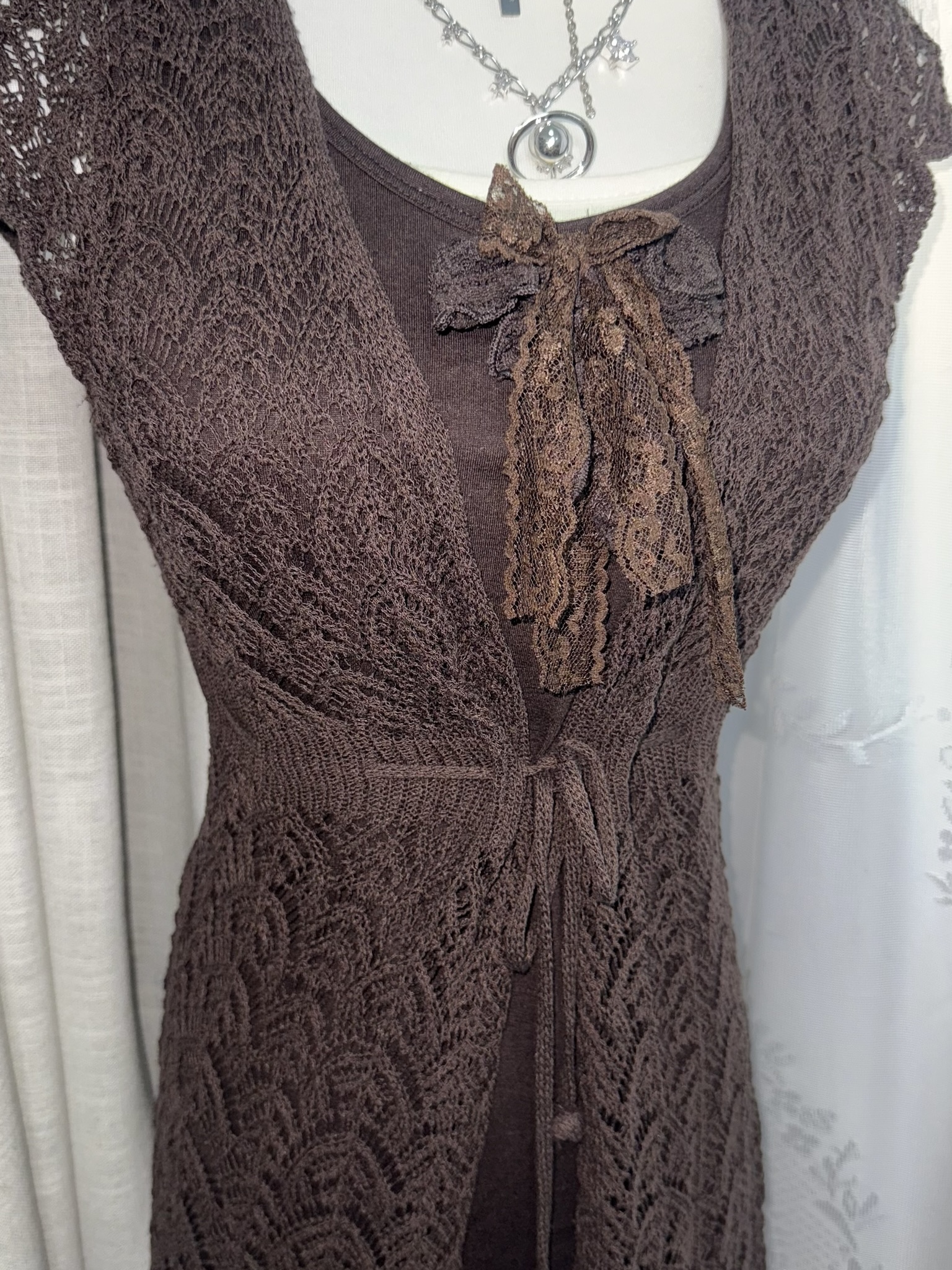 Mori Grunge Layered Crochet Cardigan & Chiffon Dress Set