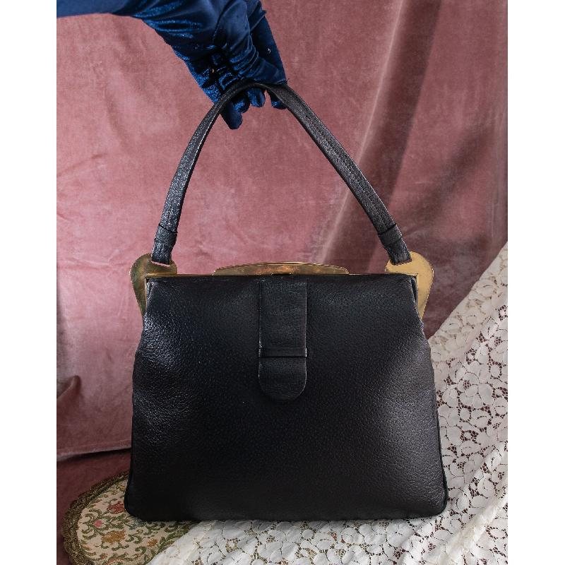 RARE! C.a. 1950s Horn Shaped Hardware Black Faux leather Large Handbag with Dotty Fabric Lining from Germany(NA0636)