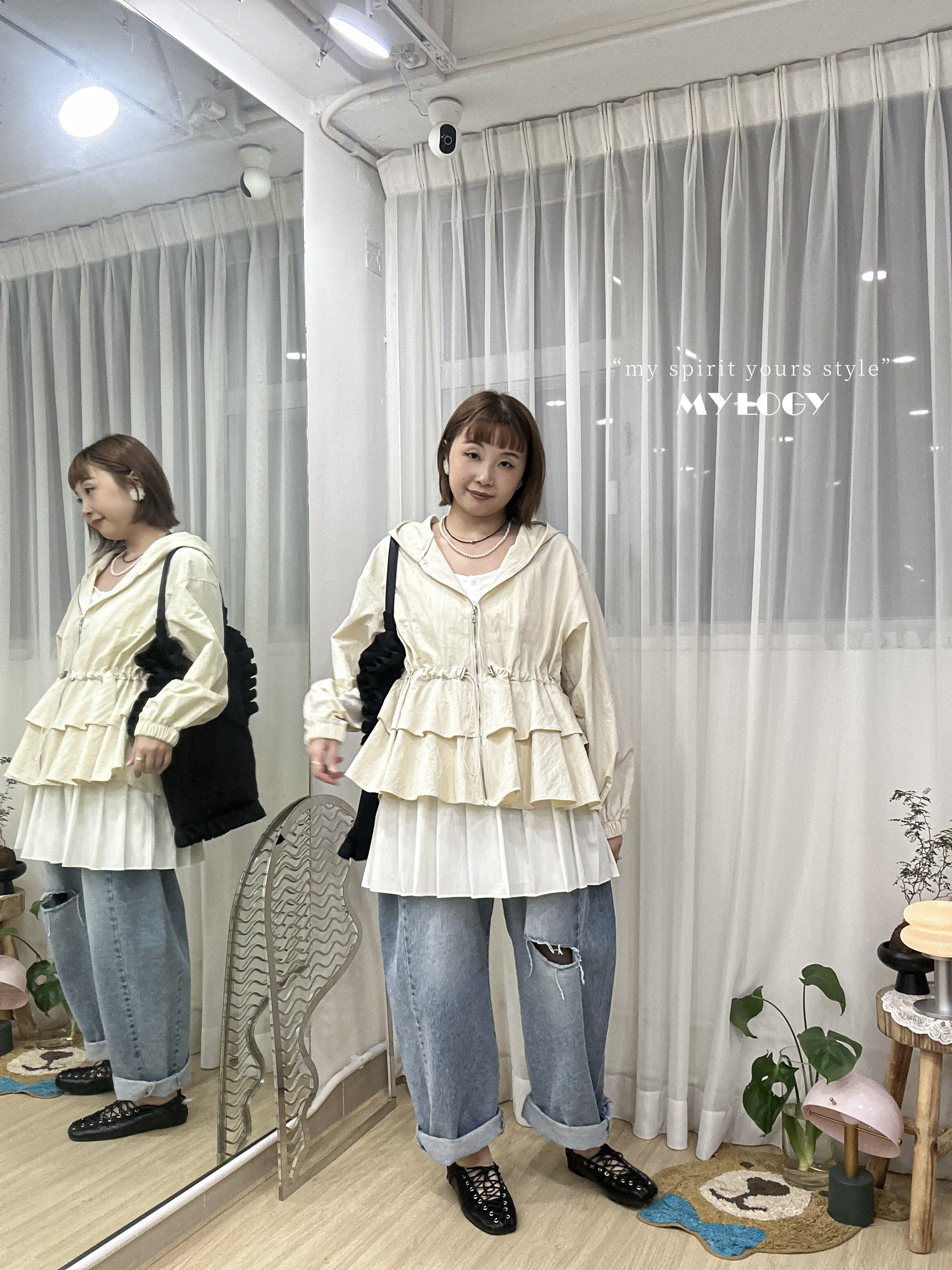 非典型少甜～束腰索繩Double Ruffle連帽風衣 J0002 - 白色 Ivory