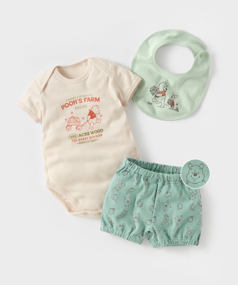 ☀️代購預訂 台灣直送☀️Winnie the pooh小熊維尼純棉人物印花短袖包屁衣短褲圍兜三件套