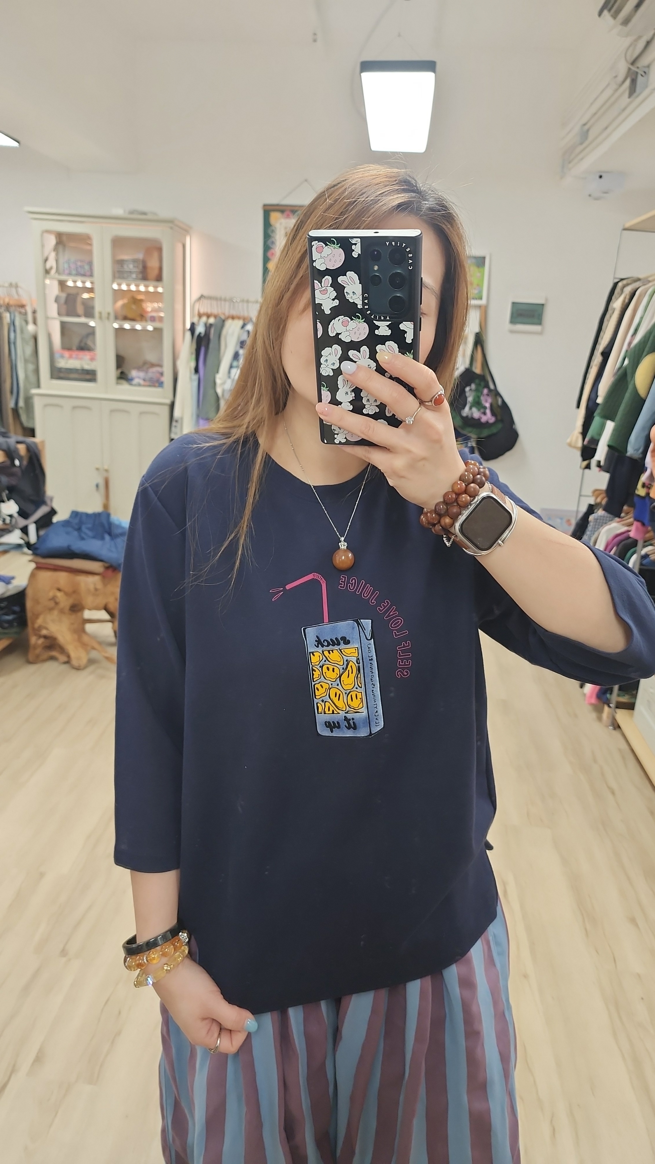 韓國深藍拼哈哈笑飲品圖案衛衣