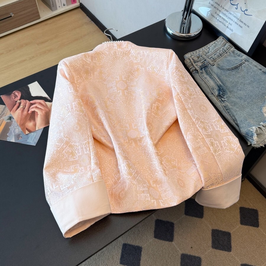 B141(9931) 新中式东方古韵太阳式缎面提花粉外套上衣