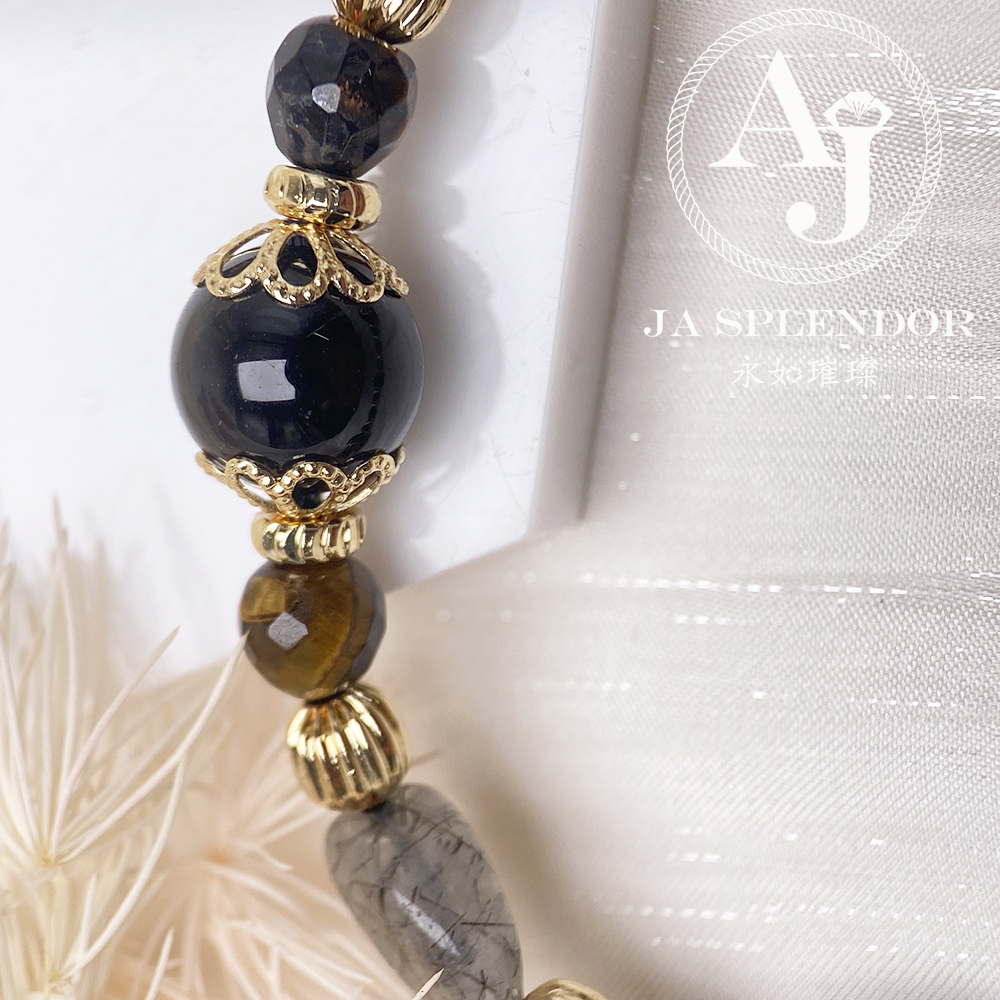 CY-03 黑髮晶銀曜黃虎眼14K包金水晶手鏈