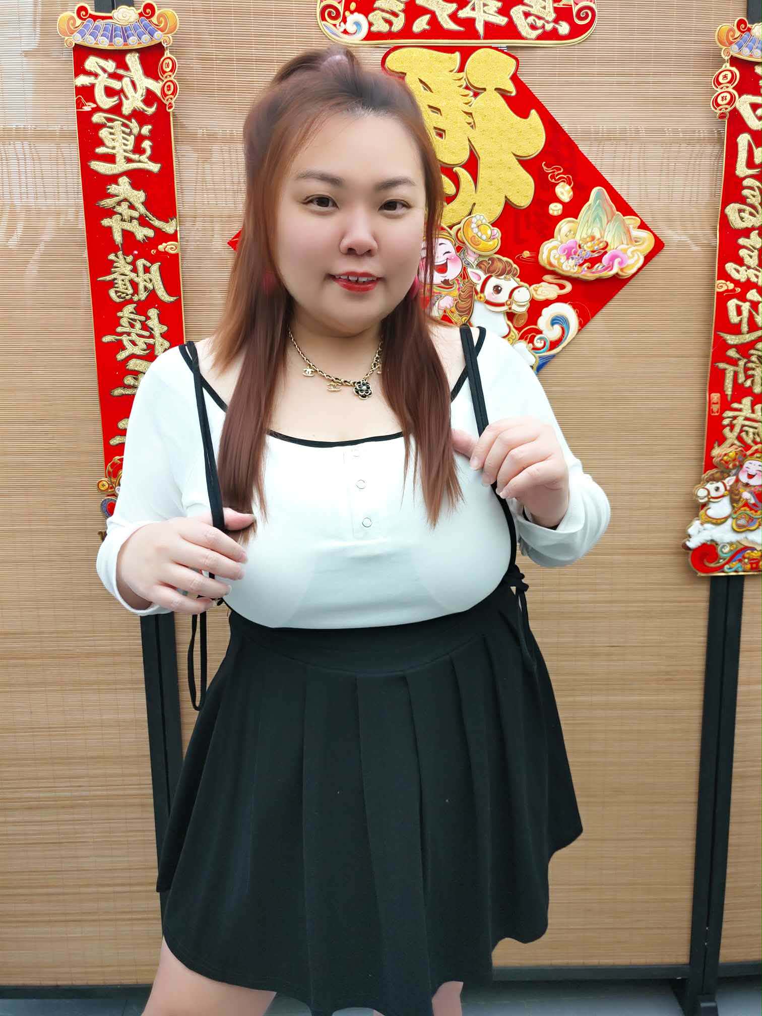 DDH01 8206(A6) 大U领长袖两件式吊带裤裙