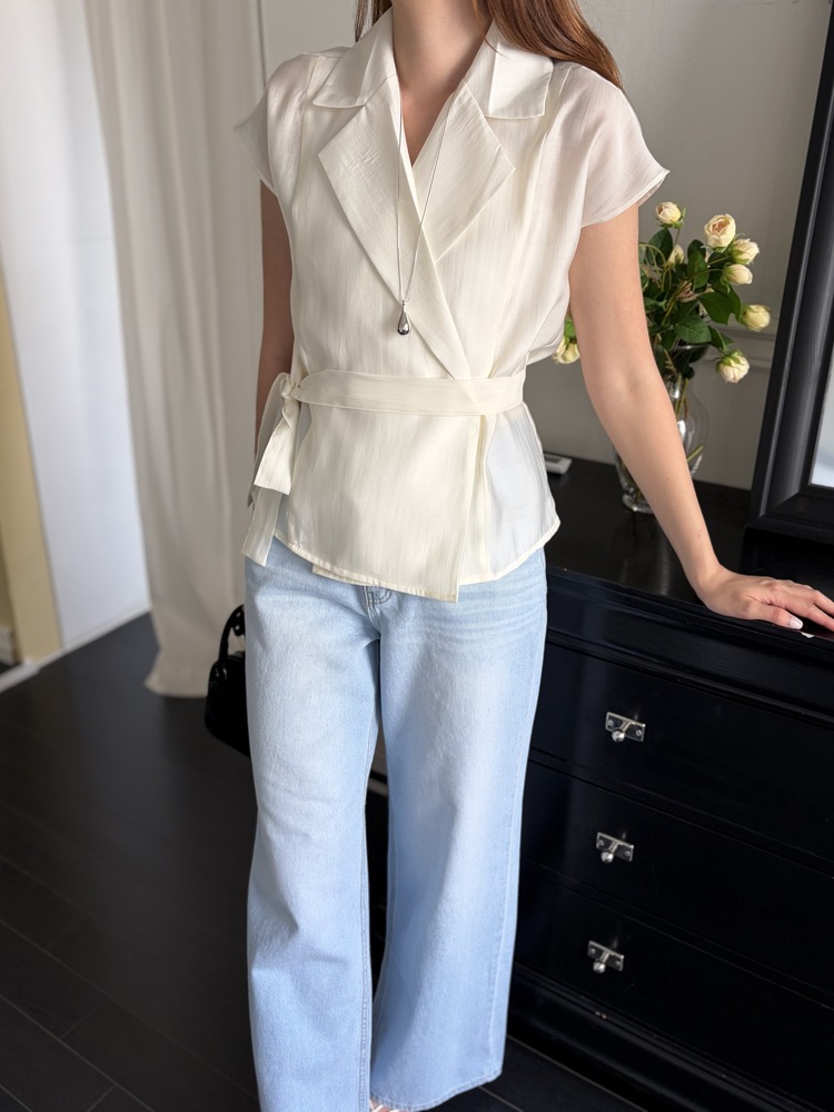 Silky Belted Wrap Blouse (Ivory)
